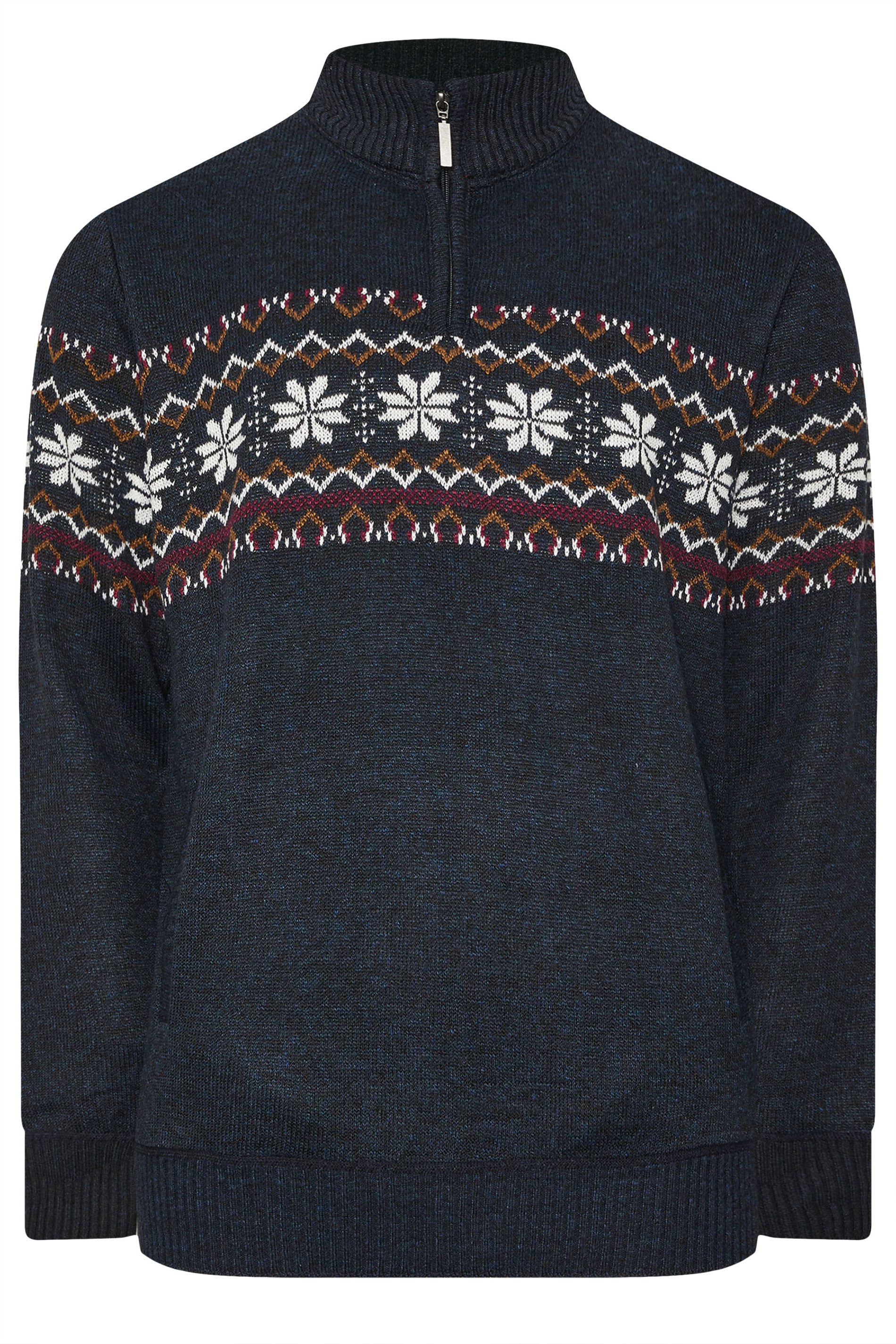 D555 Big & Tall Navy Blue Fairisle Quarter Zip Knitted Jumper | BadRhino 2