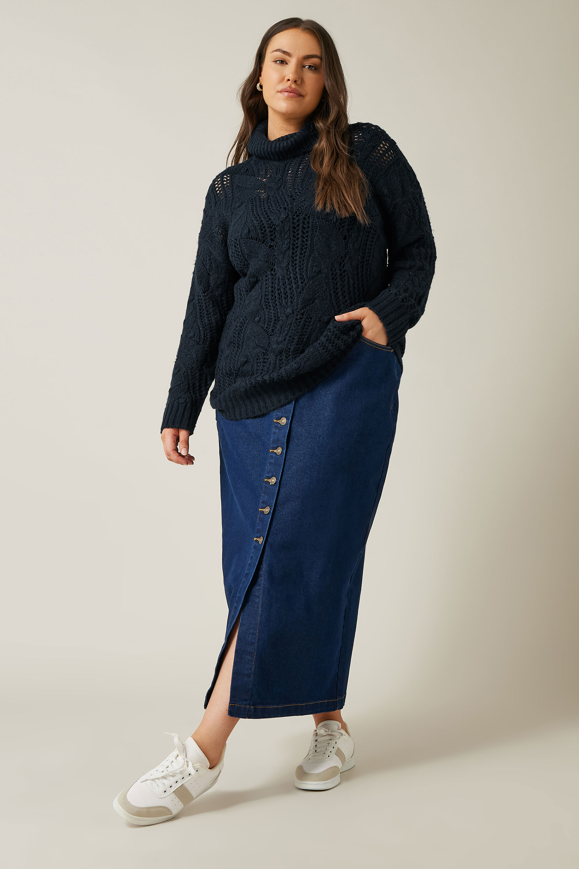 EVANS Plus Size Navy Blue Roll Neck Knitted Jumper | Evans 2