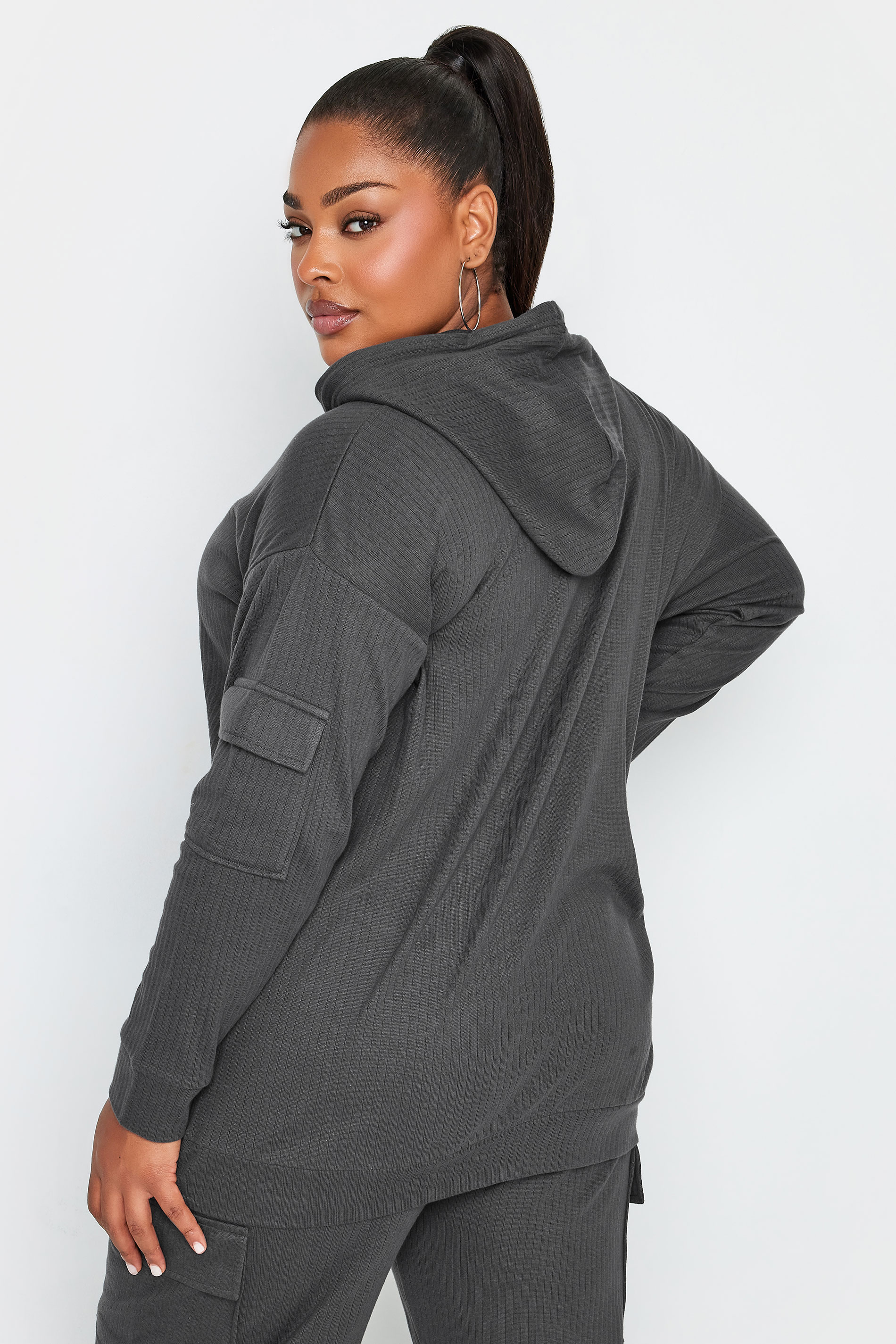 YOURS Plus Size Charcoal Grey Ribbed Cargo Hoodie | Yours Clothing 3