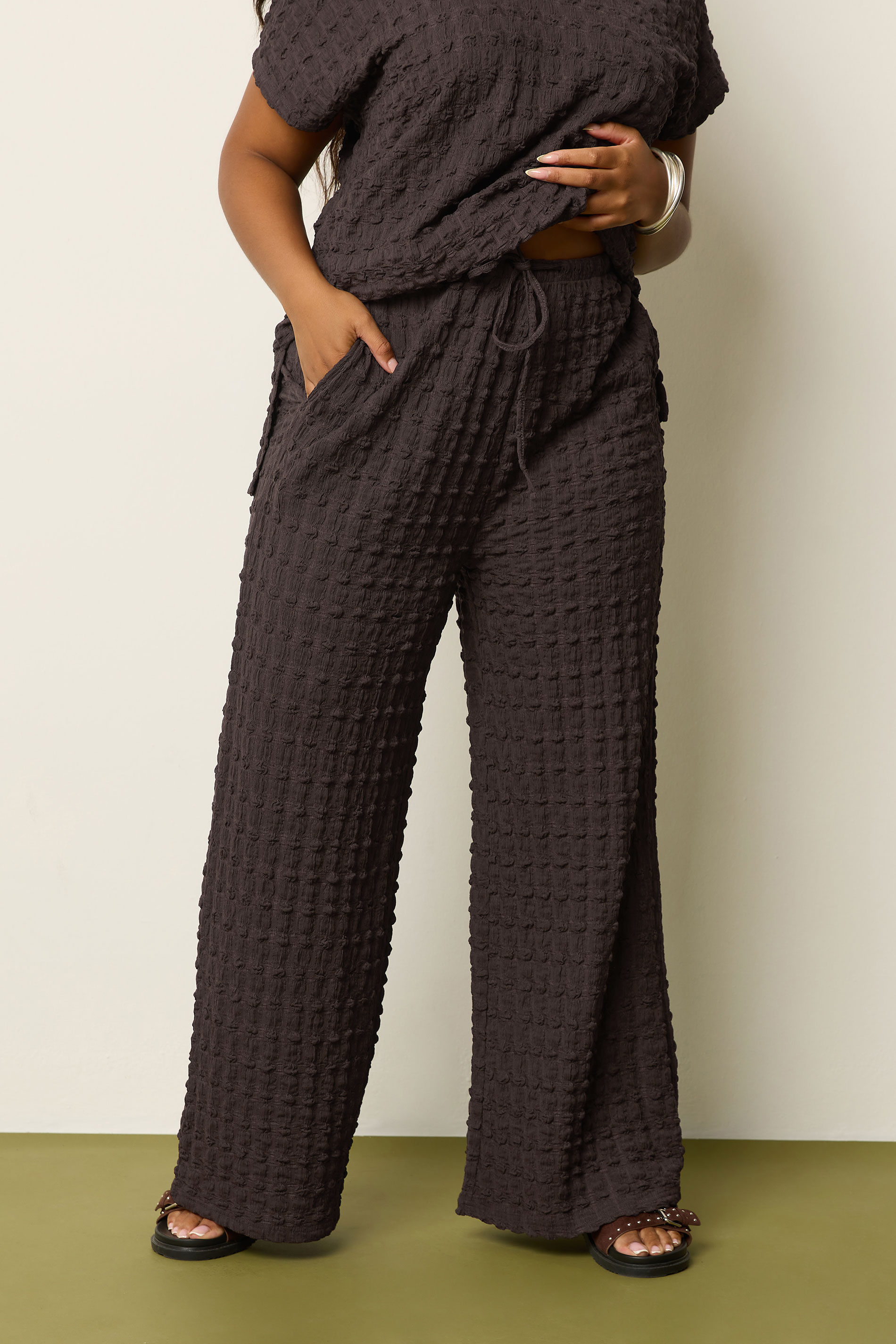 YOURS Plus Size Chocolate Brown Bubble Textured Wide Leg Trousers | Yours Clothing 3