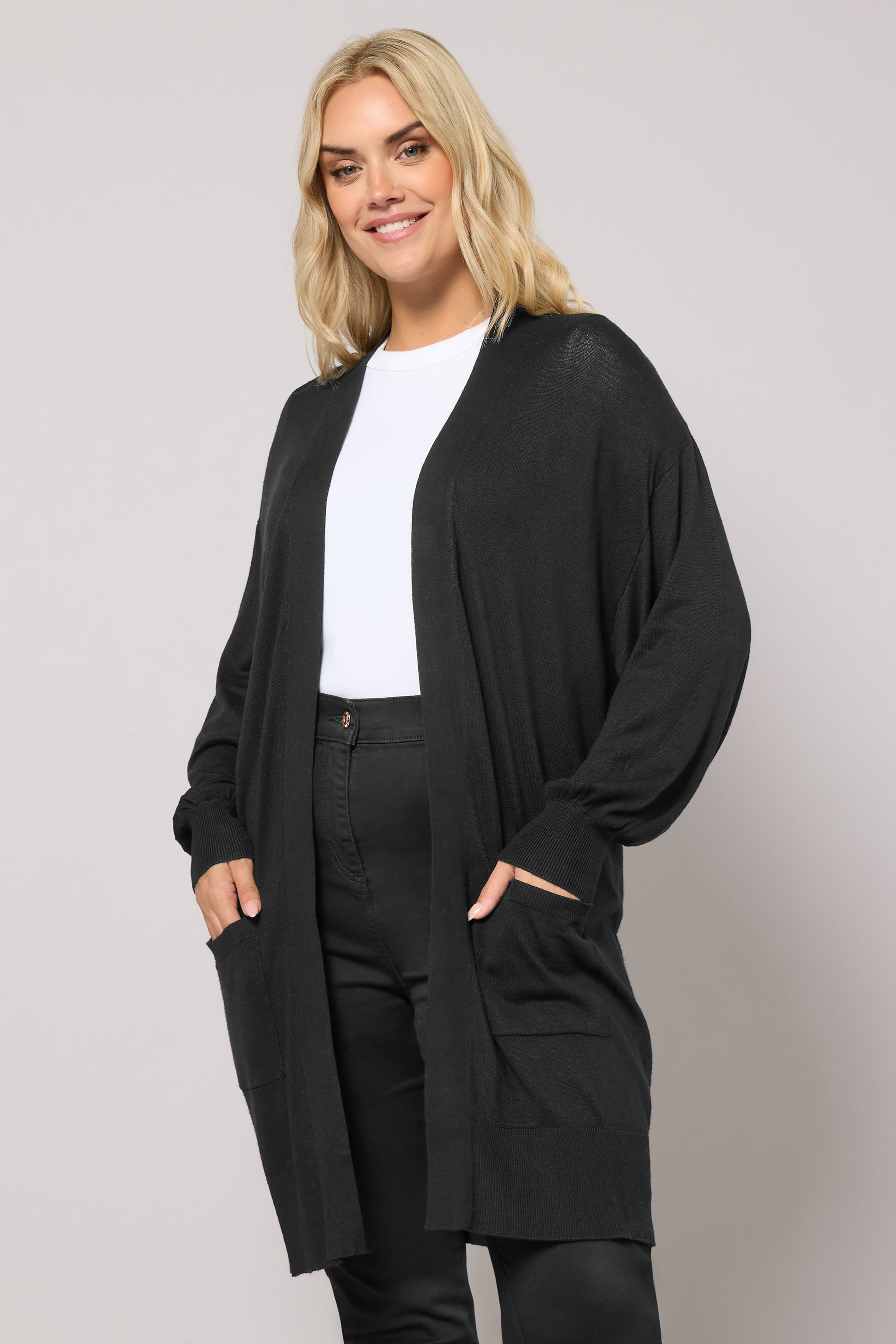 Plus Size Curve Black Balloon Sleeve Fine Knit Cardigan | Yours Clothing 3