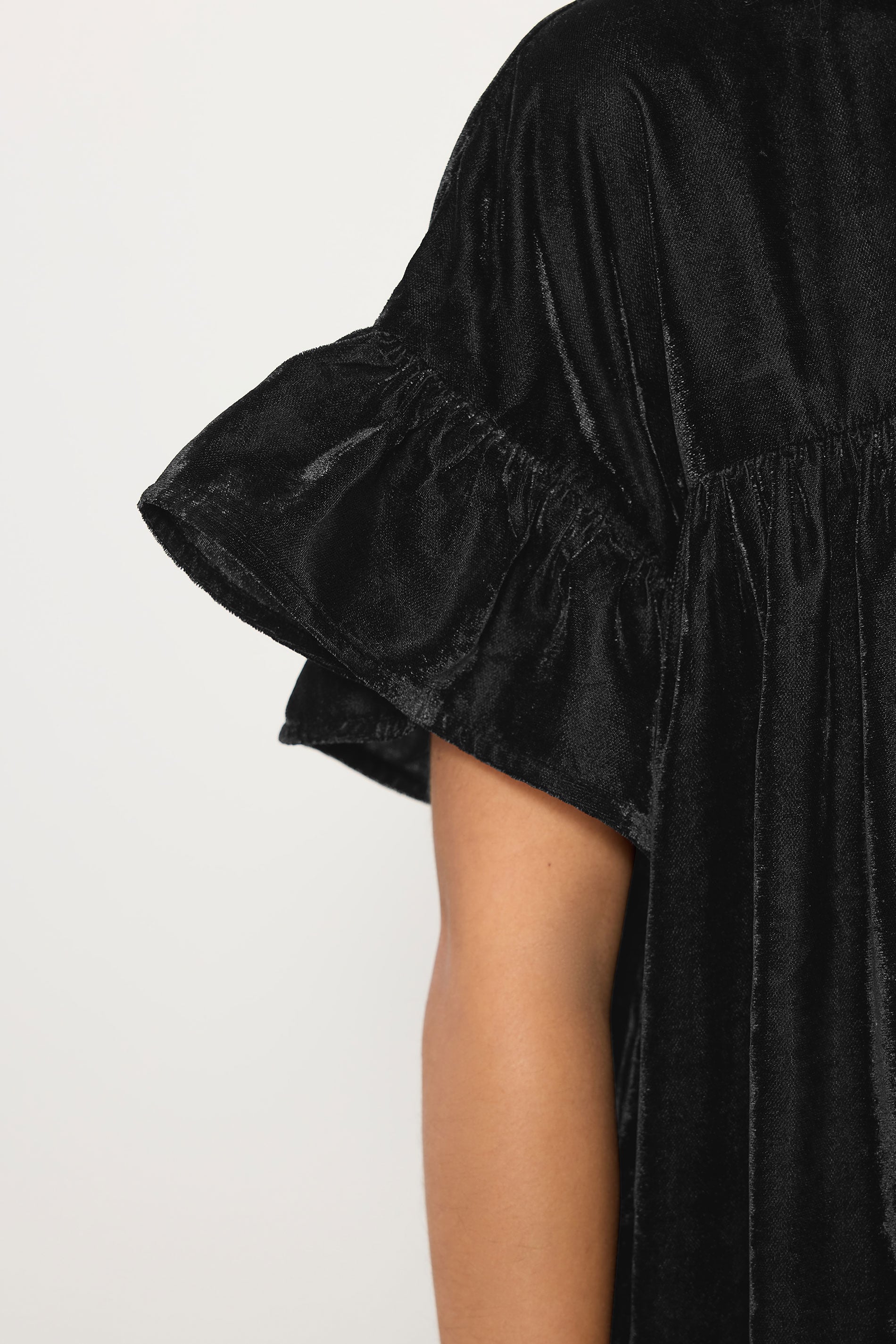 PixieGirl Petite Women's Black Velvet Frill Smock Mini Dress | PixieGirl 4