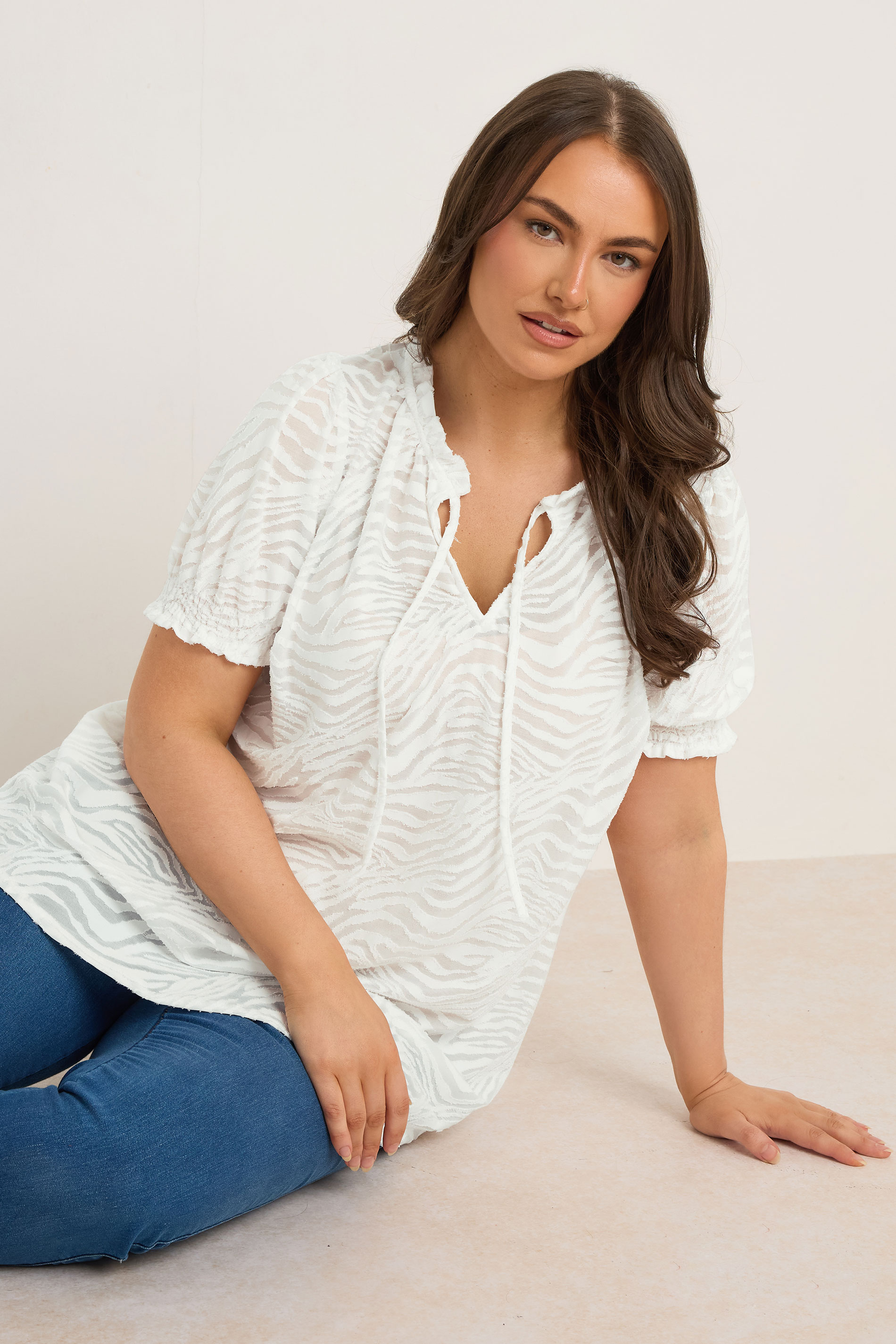 EVANS Plus Size White Burnout Print Tie Neck Blouse | Evans 3