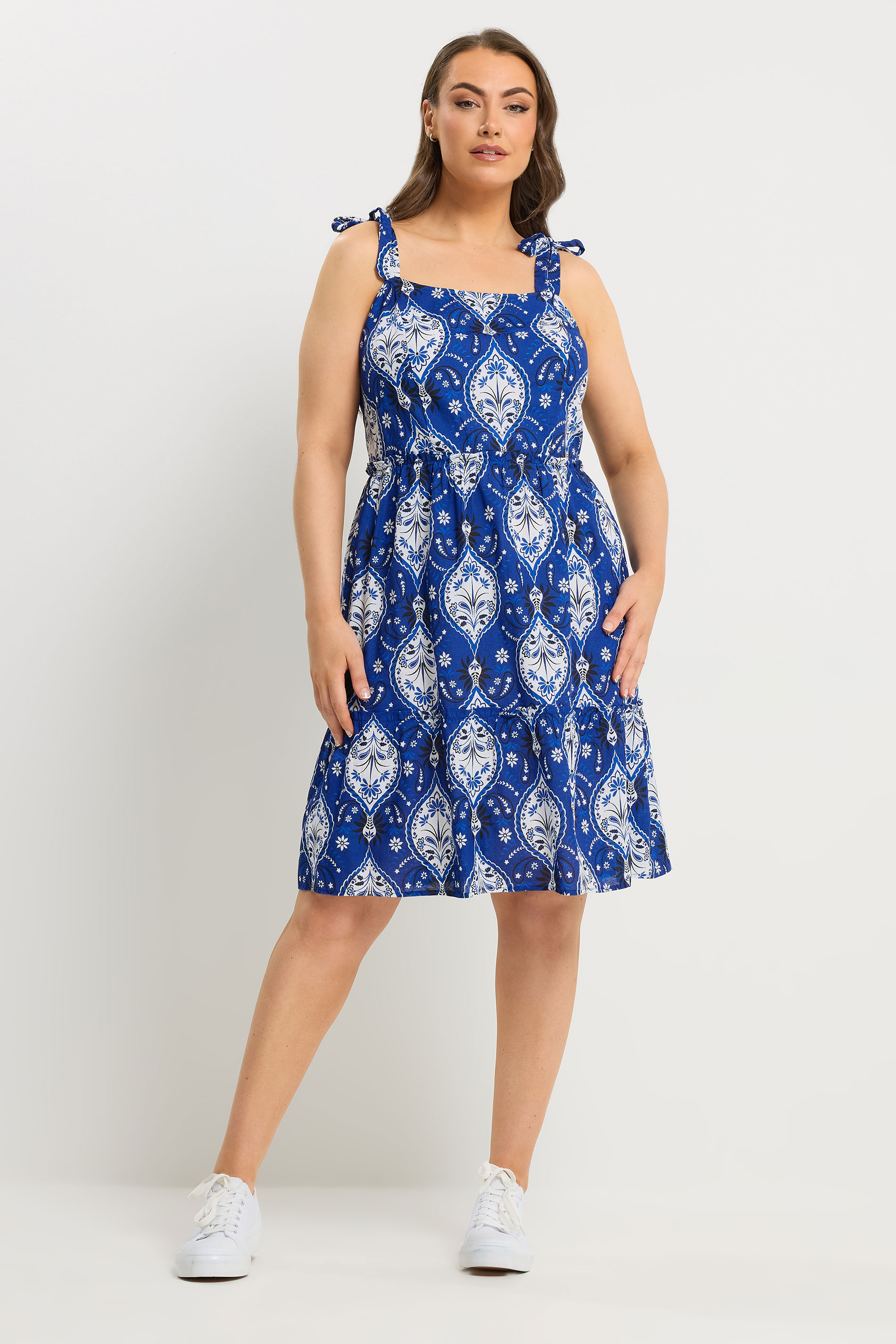 YOURS Plus Size Cobalt Blue Bandana Print Linen Smock Dress | Yours Clothing 1