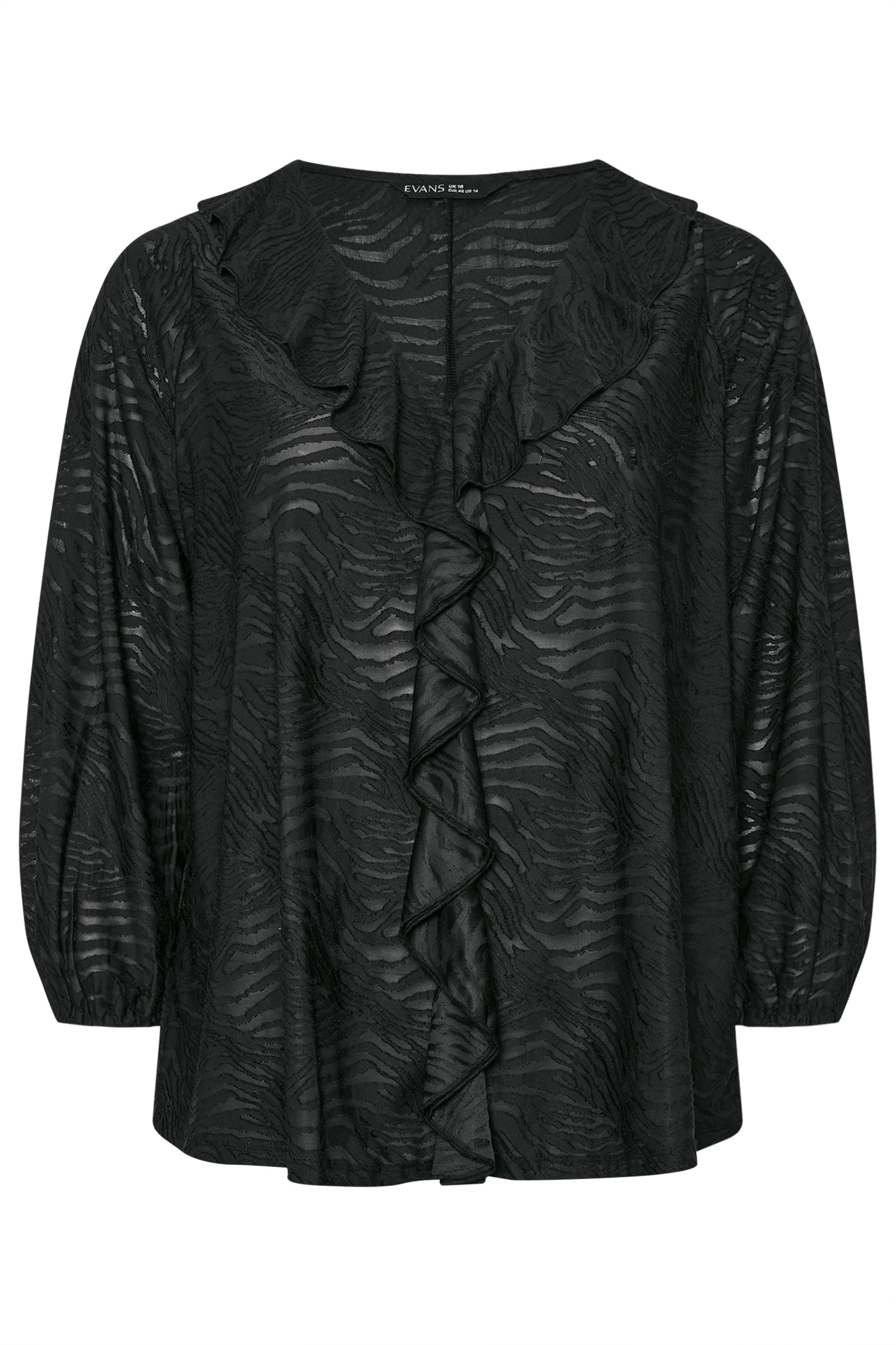 EVANS Plus Size Black Zebra Burnout Frill Detail Blouse | Evans 5