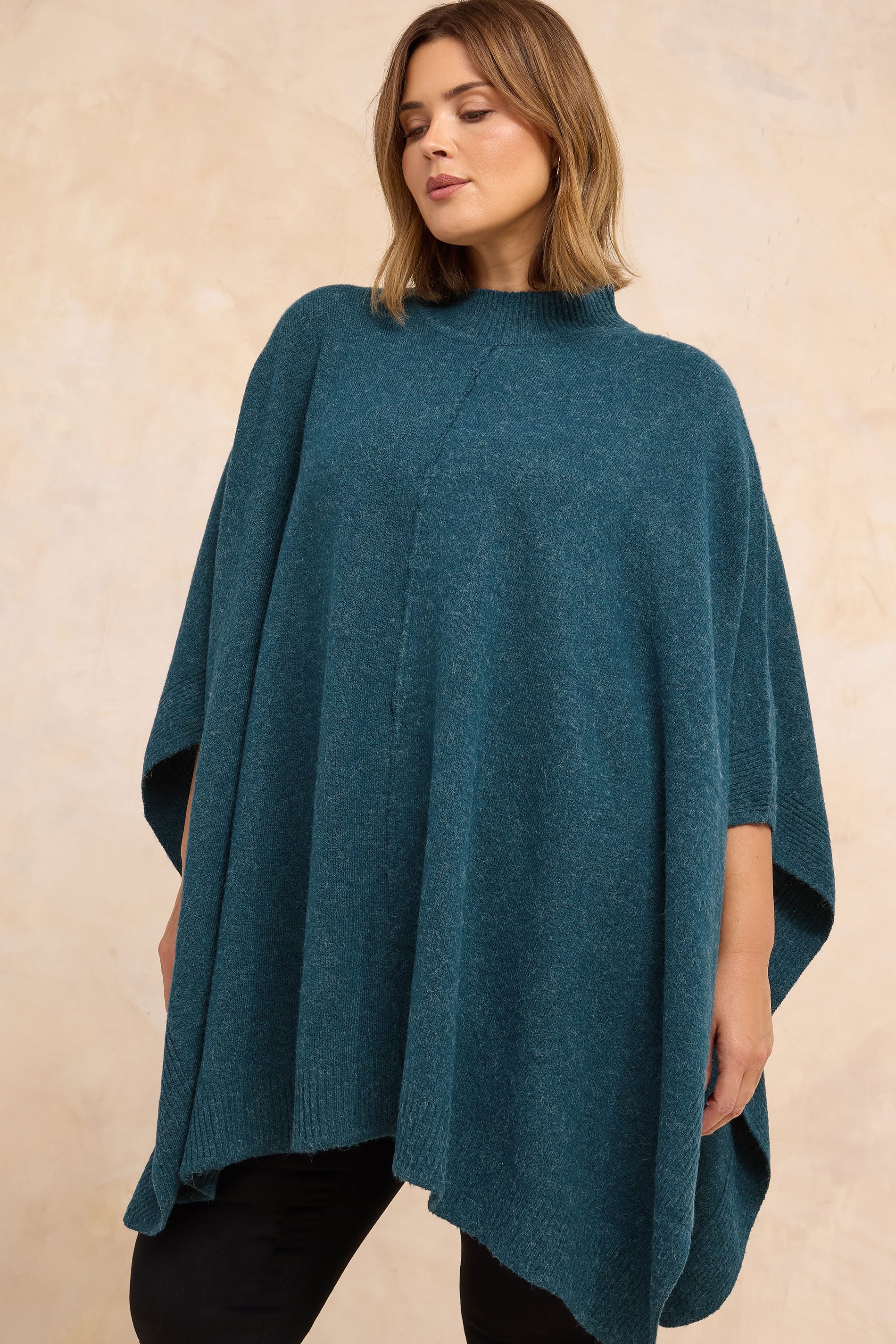 EVANS Plus Size Teal Blue Seam Detail Knitted Cape | Evans 3