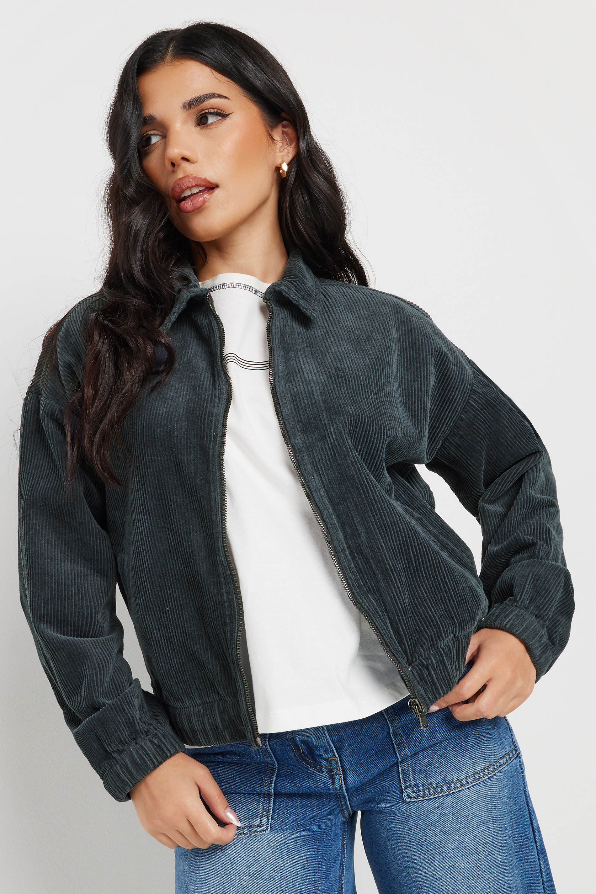 PixieGirl Petite Women's Charcoal Grey Cotton Cord Bomber Jacket | PixieGirl 2