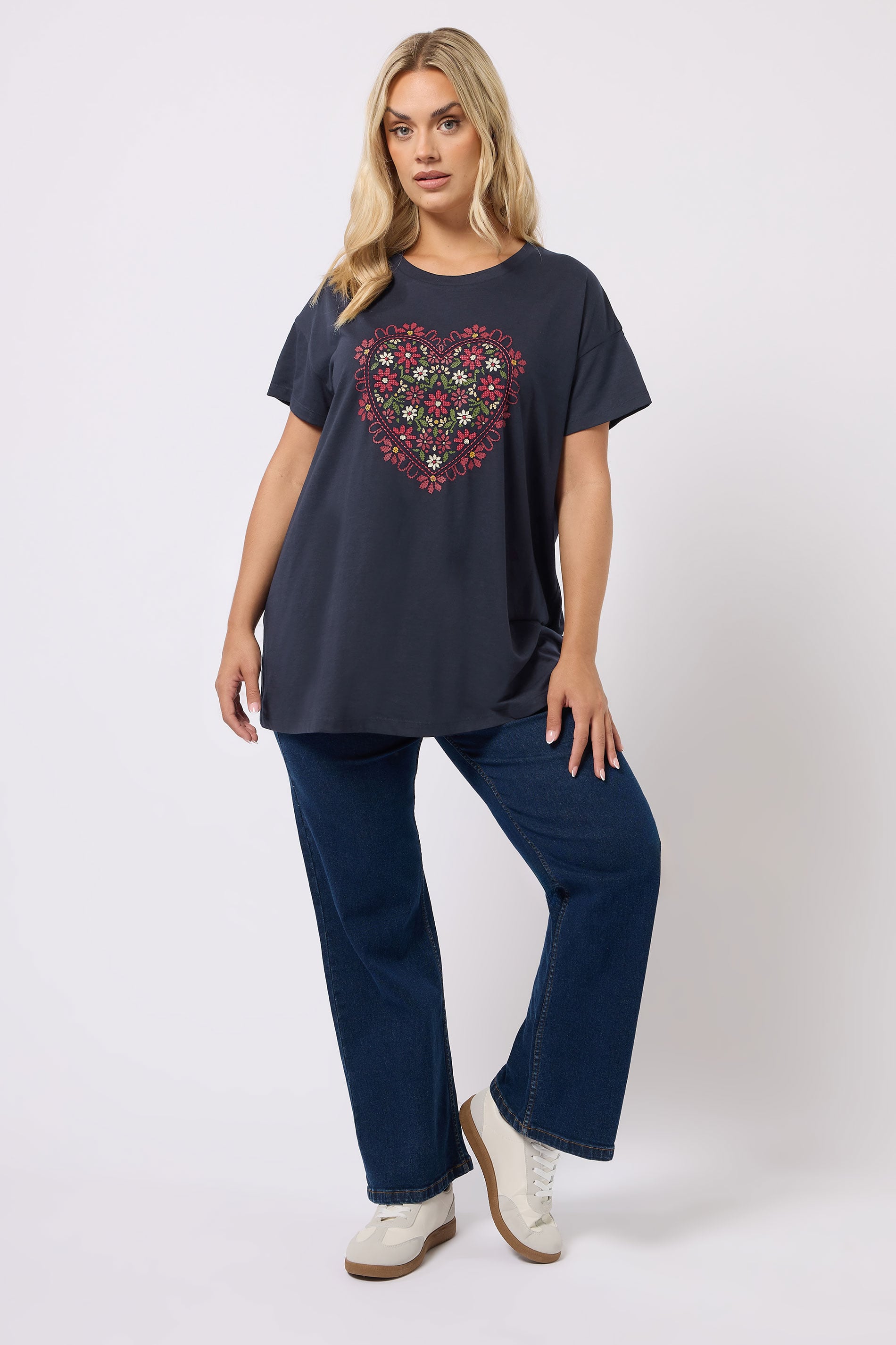 YOURS Plus Size Navy Blue Floral Heart Embroidered T-Shirt | Yours Clothing 1