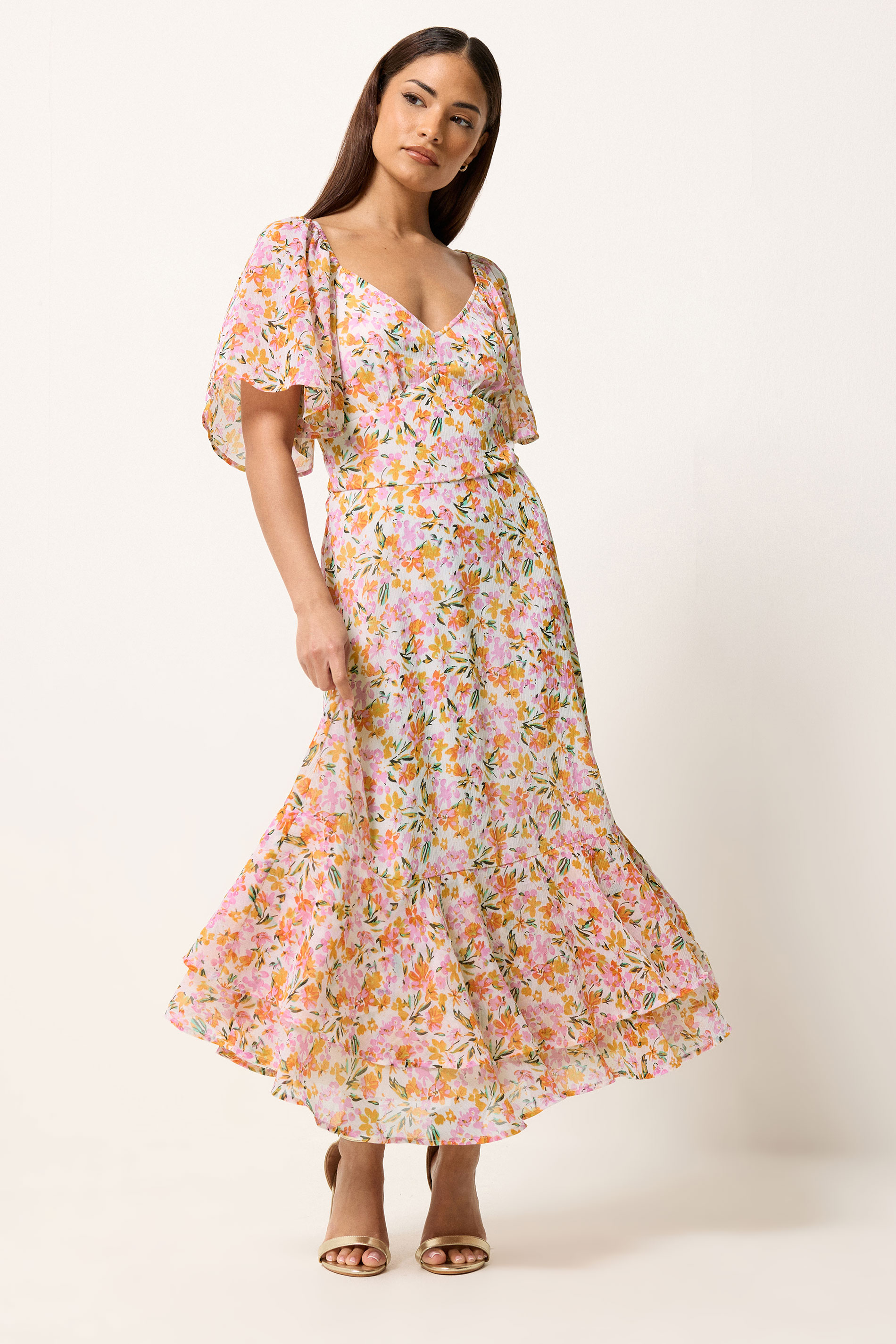PixieGirl Petite Women's Pink Floral Chiffon Midi Dress | PixieGirl 1