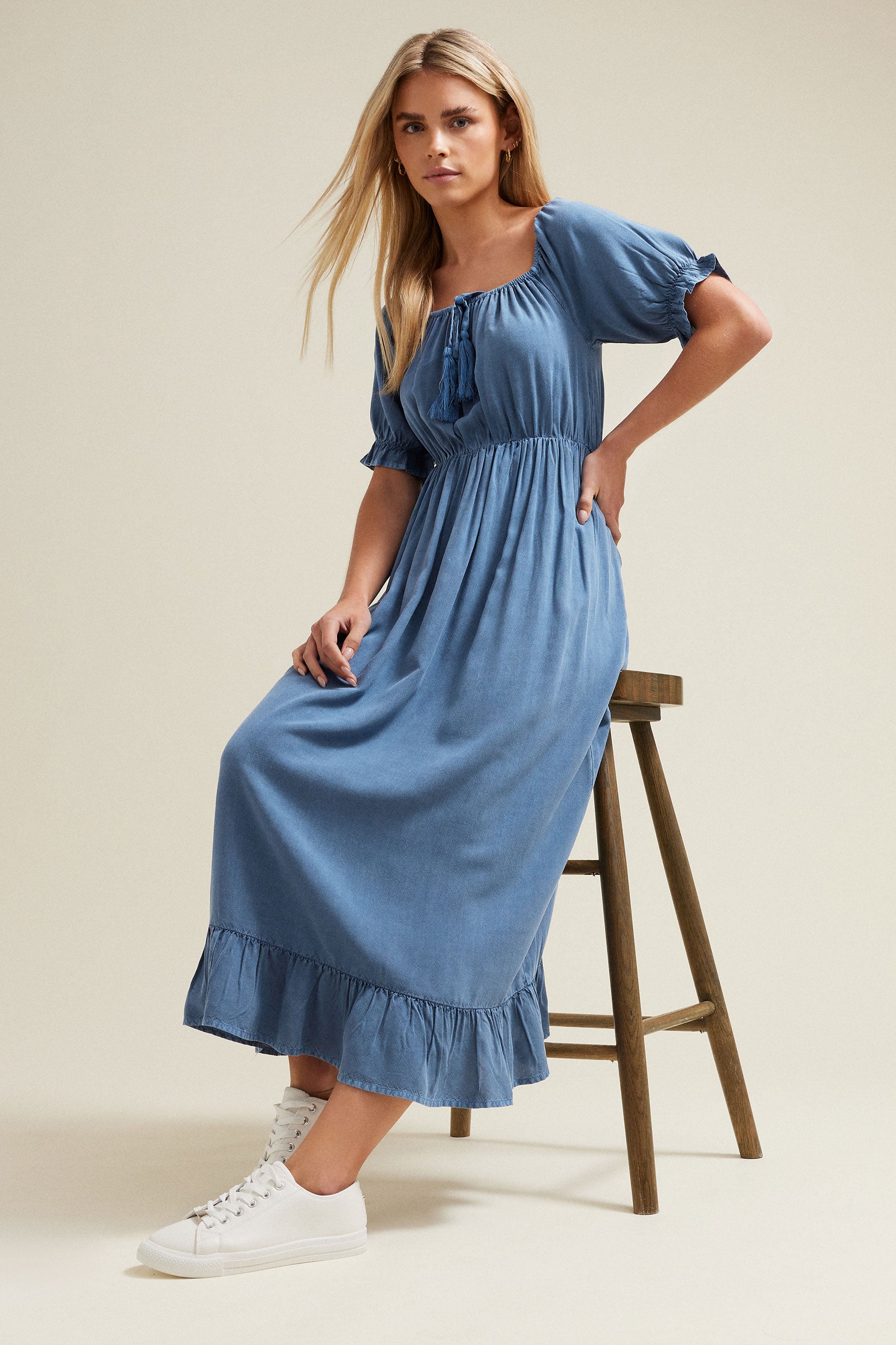 M&Co Petite Blue Tassel Detail Smock Dress | M&Co 2