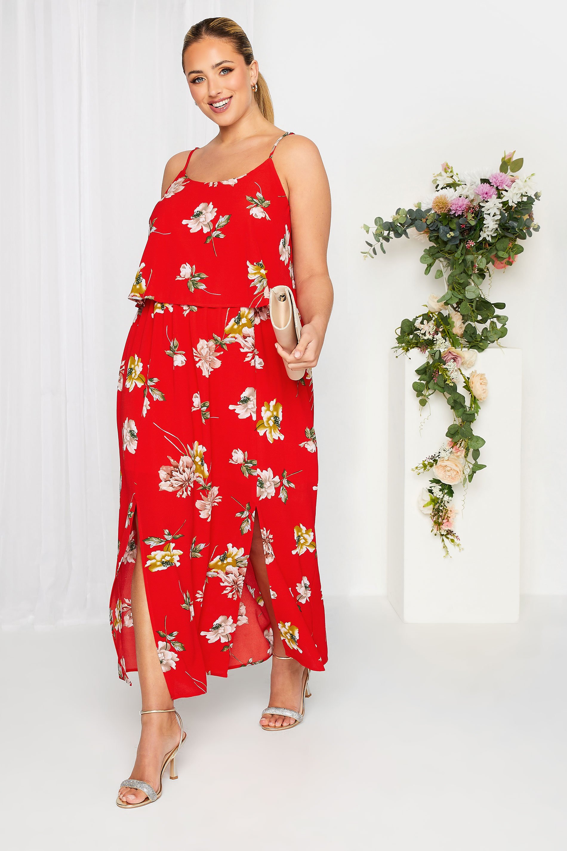 YOURS LONDON Curve Red Floral Overlay Maxi Dress | Yours Clothing 1