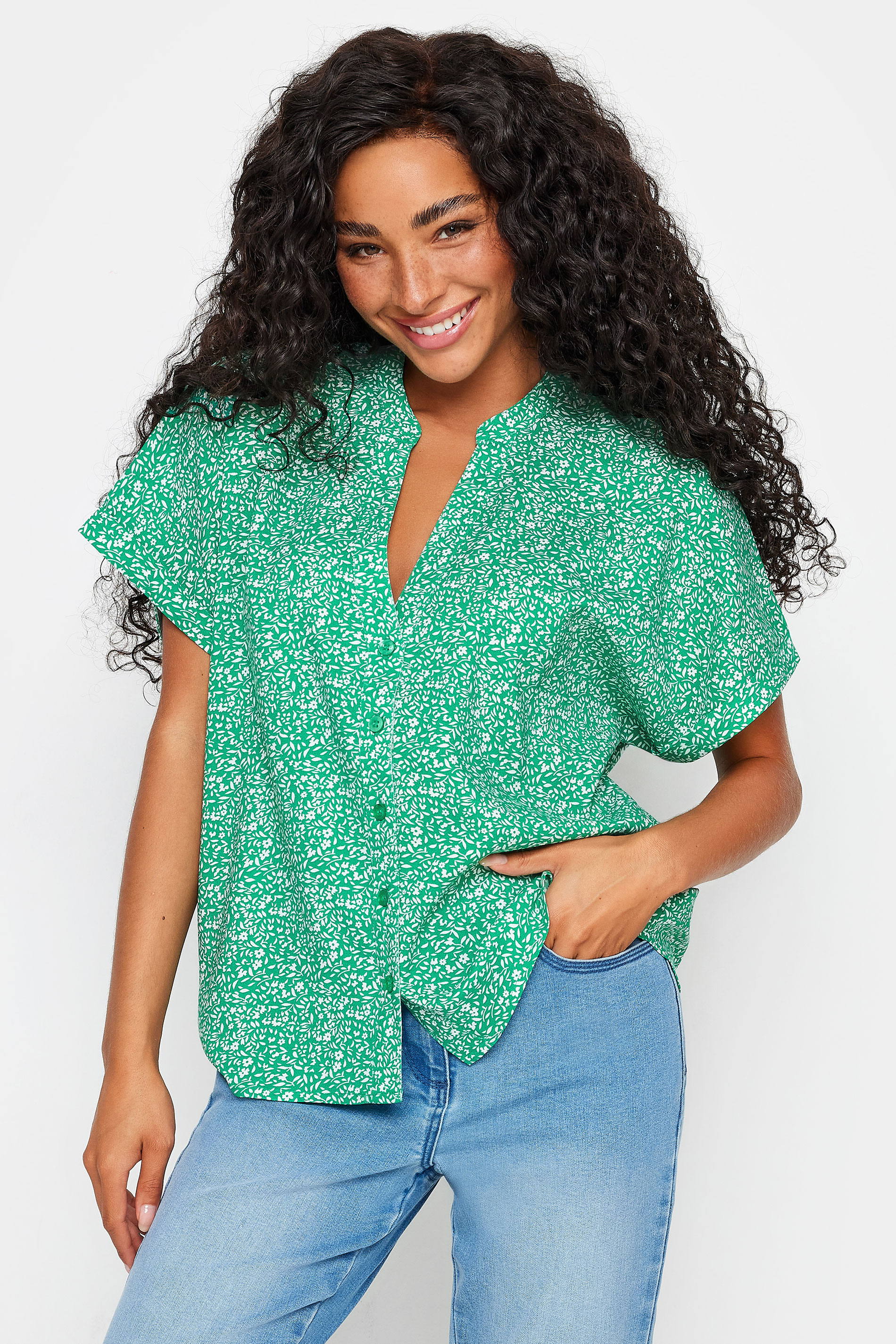 M&Co Petite Green Ditsy Floral Print Button Through Shirt | M&Co 1