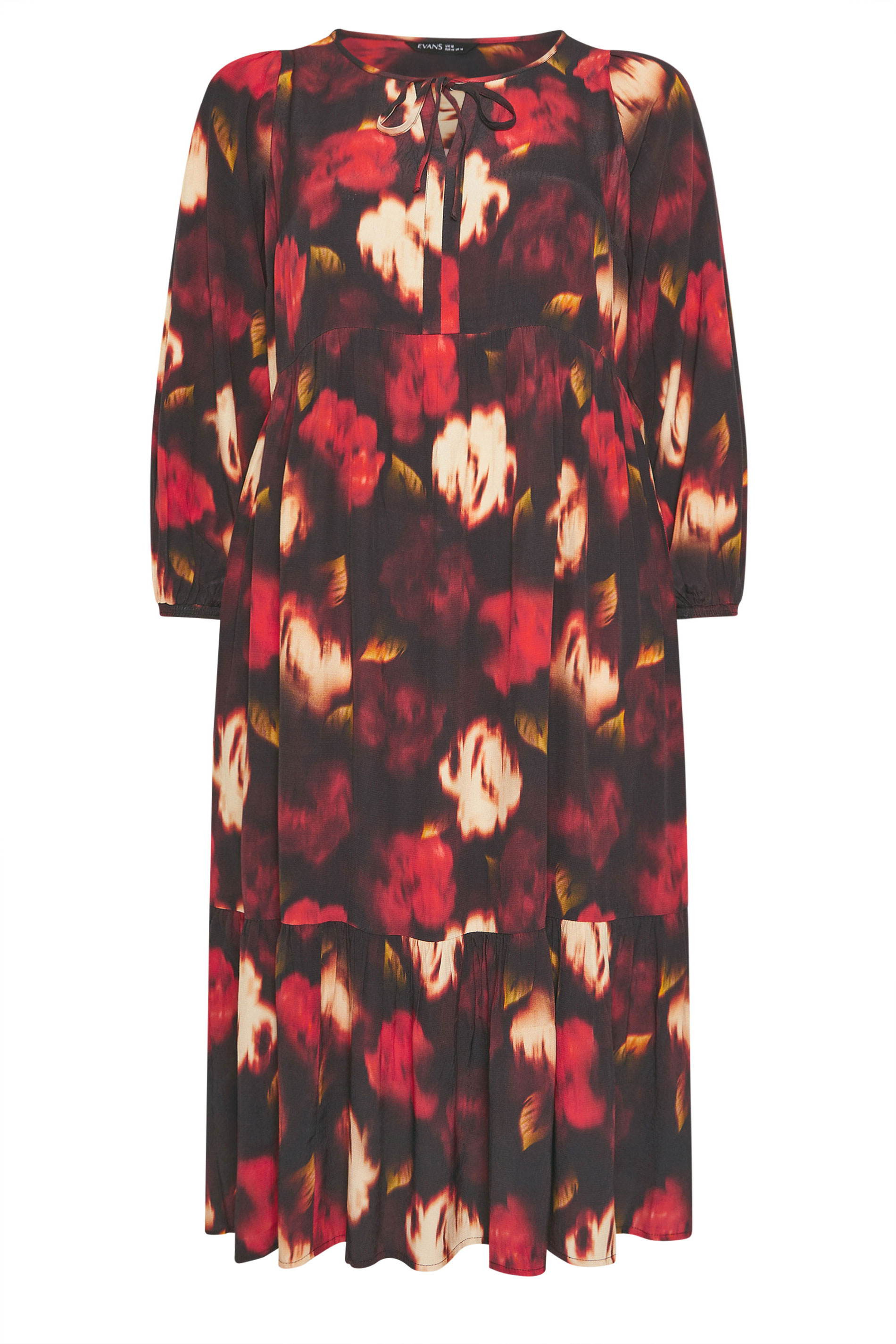 EVANS Plus Size Red Blurred Floral Tie Neck Tiered Dress | Evans 5