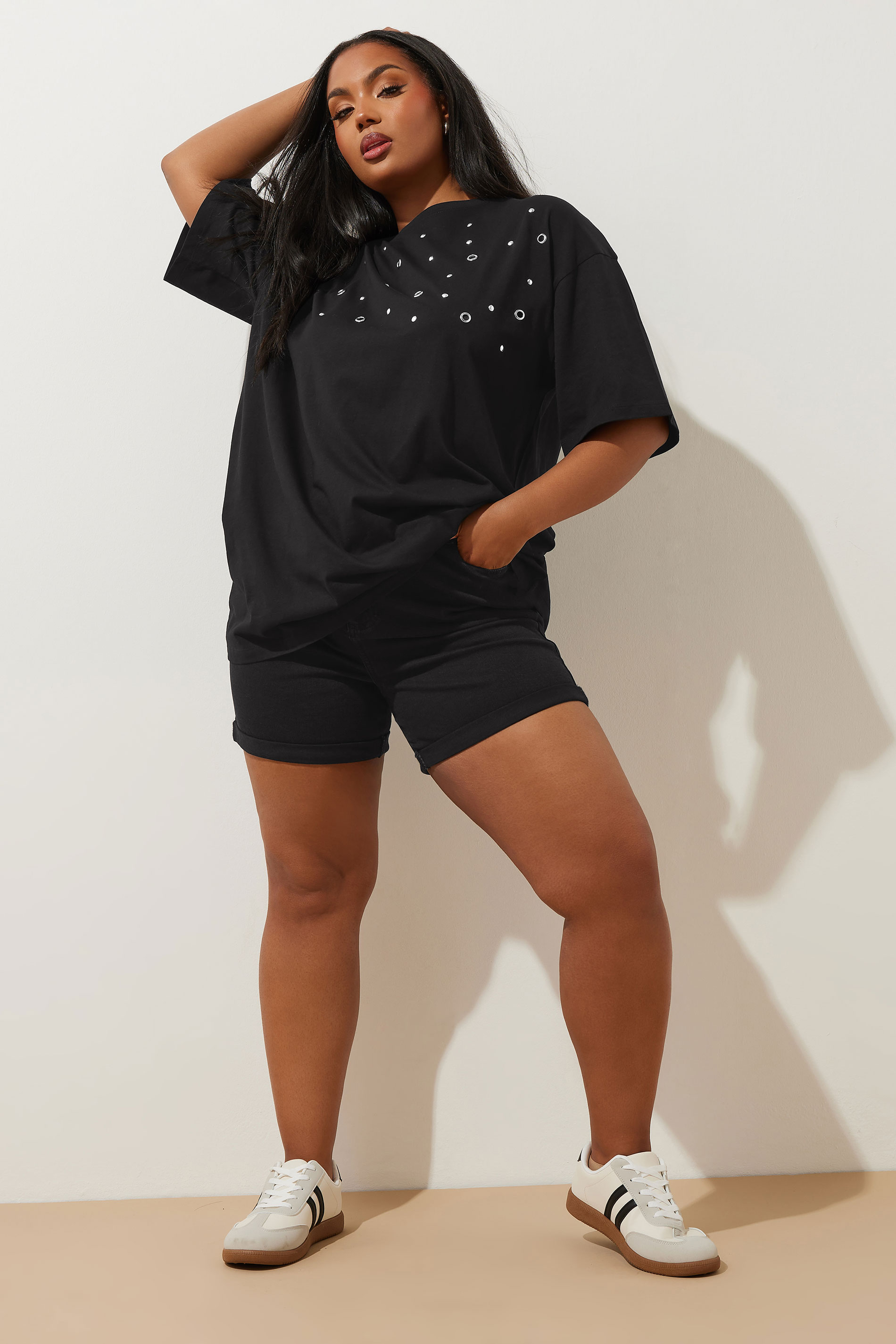 YOURS Plus Size Black Washed Elasticated Waist Turn Up Denim Shorts | Yours Clothing 1