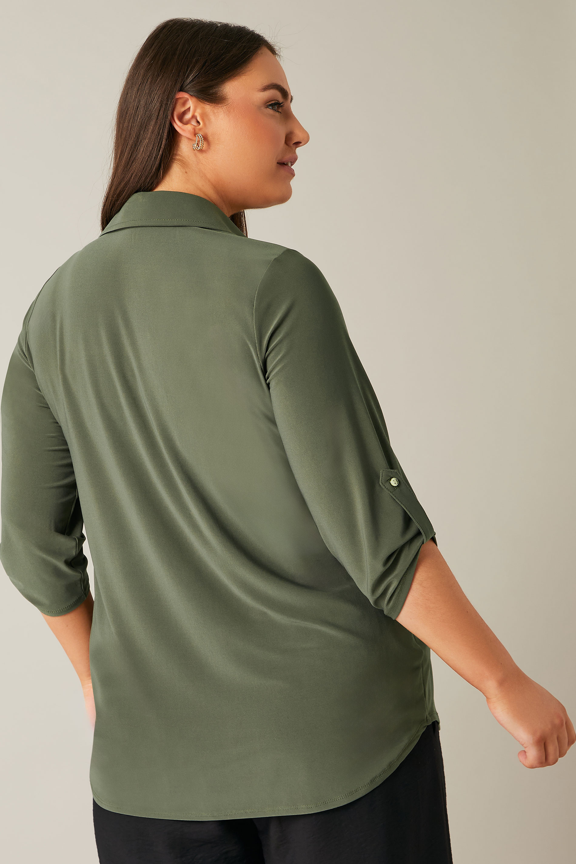 Evans Plus Size Khaki Green Tab Sleeve Blouse | Evans 2