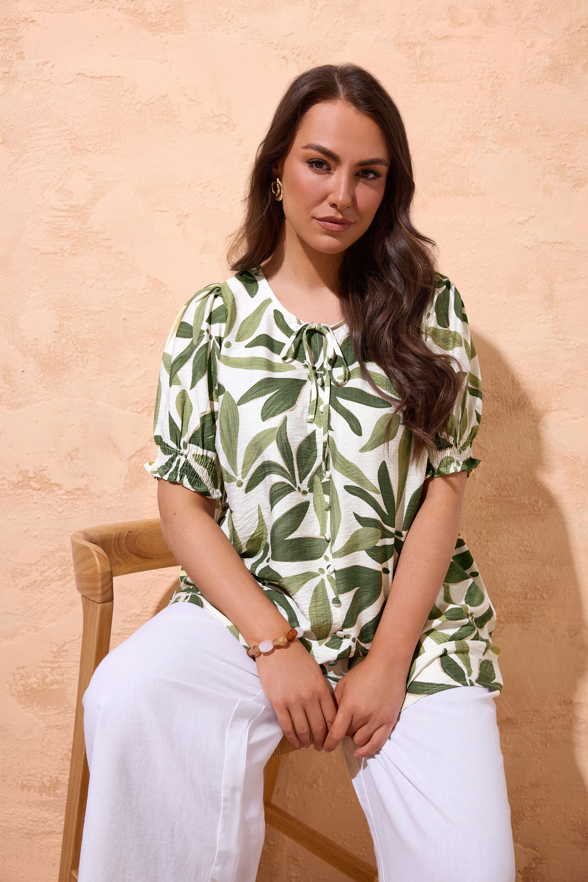 EVANS Plus Size Green Leaf Print Tie Neck Blouse | Evans 3