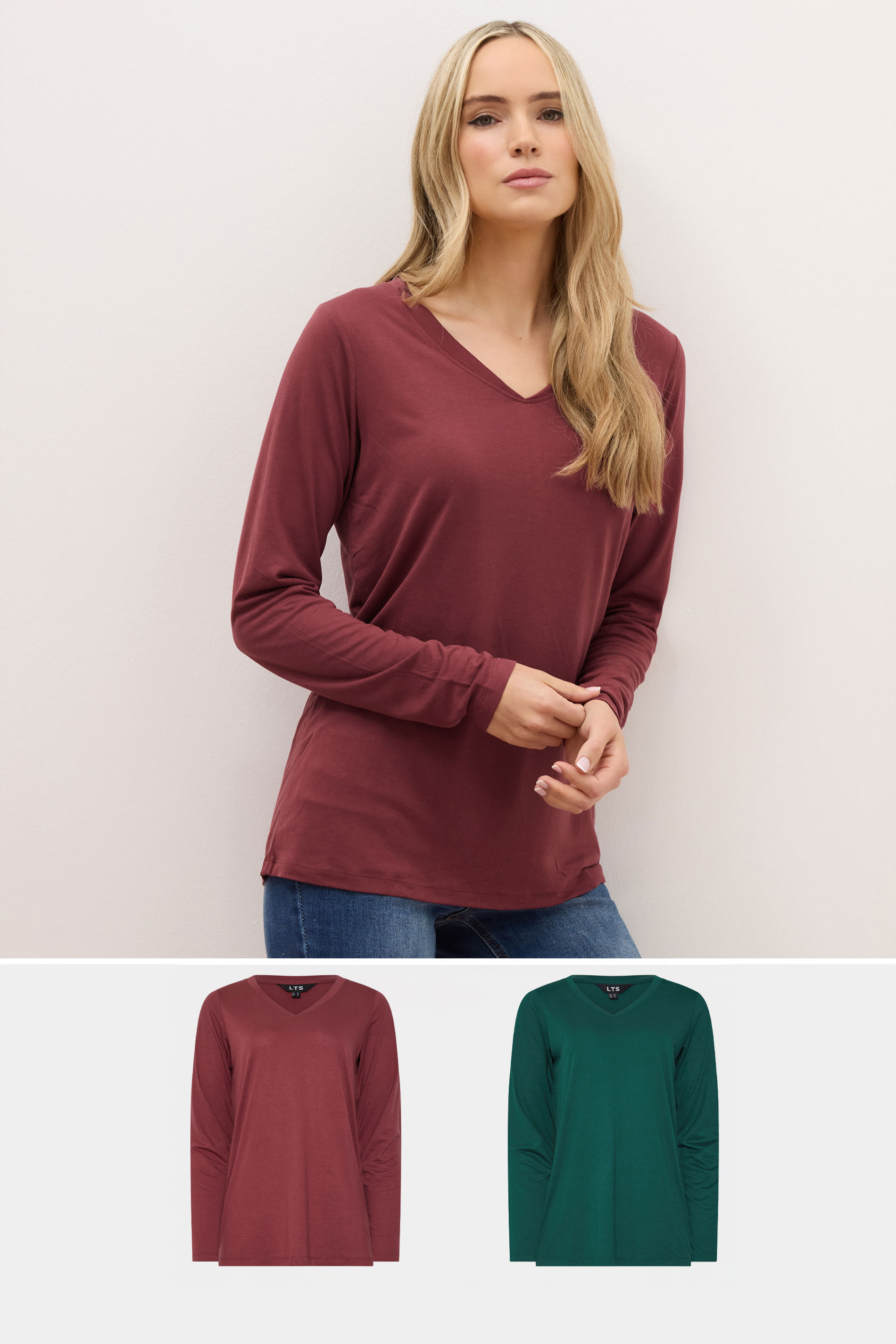 LTS PREMIUM Tall 2 PACK Burgundy Red & Green V-Neck Modal Tops | Long Tall Sally 3