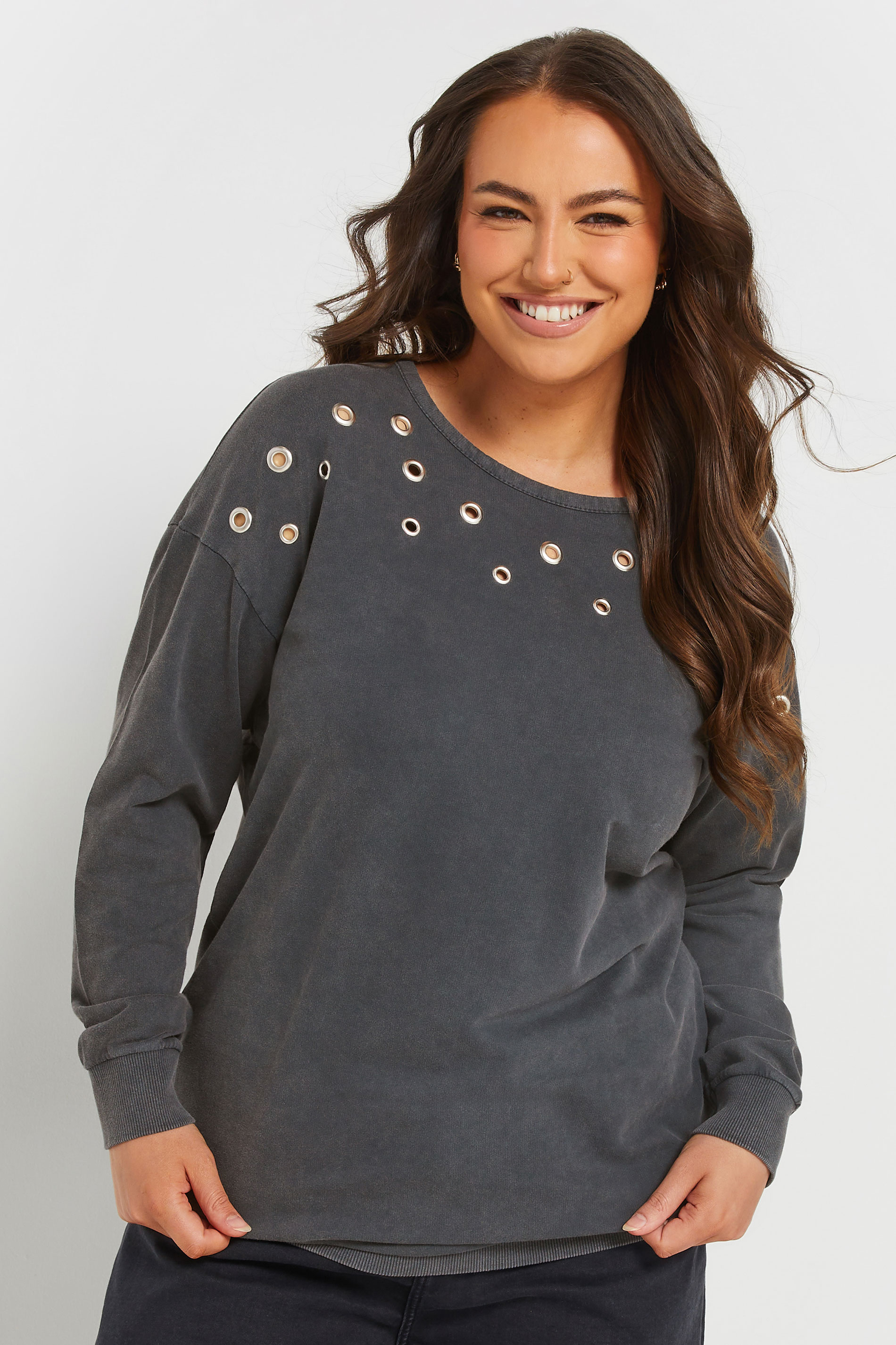 YOURS Plus Size Grey Acid Wash Eyelet Sweatshirt | Yours Clothing 3