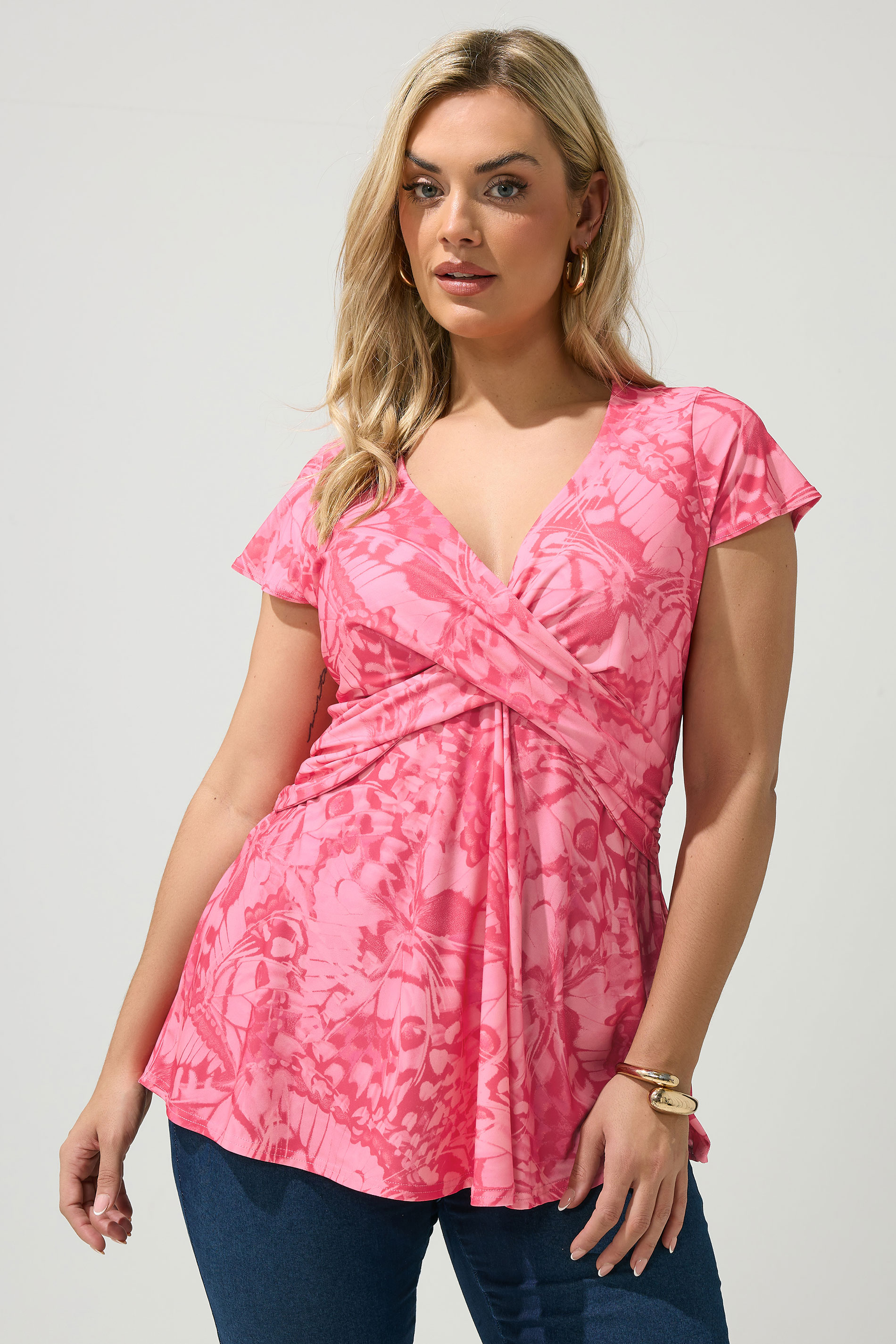 YOURS LONDON Plus Size Pink Butterfly Print Wrap Front Top | Yours Clothing 3