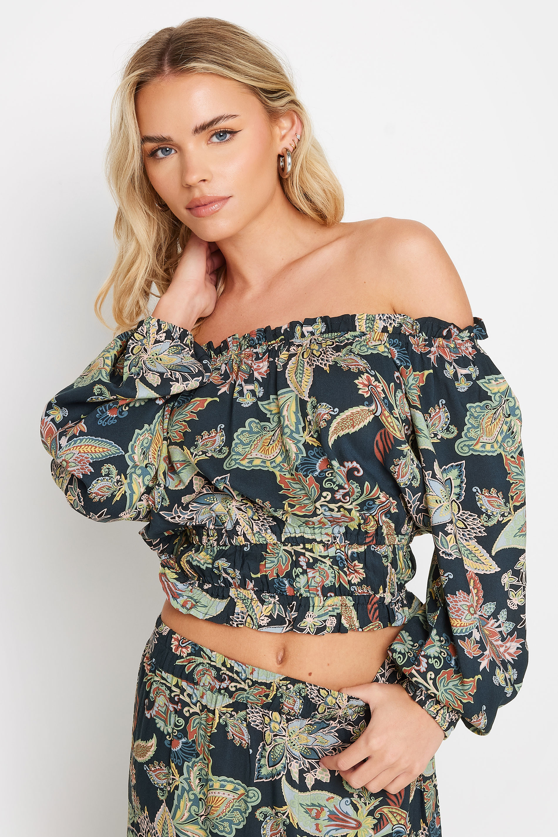 PixieGirl Petite Navy Blue Paisley Print Bardot Top | PixieGirl 3