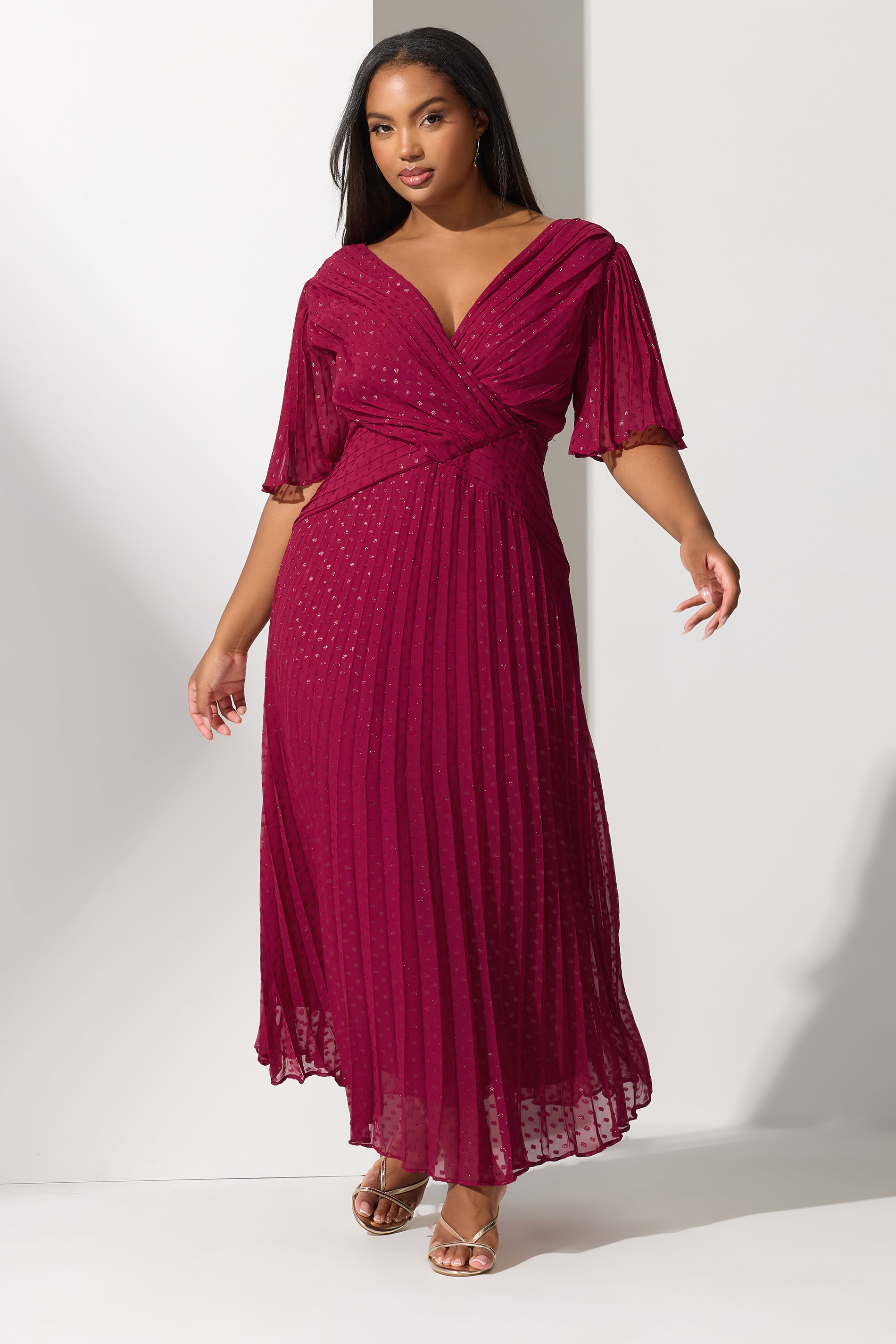 YOURS LONDON Plus Size Red Metallic Dobby Pleated Wrap Dress | Yours Clothing 3