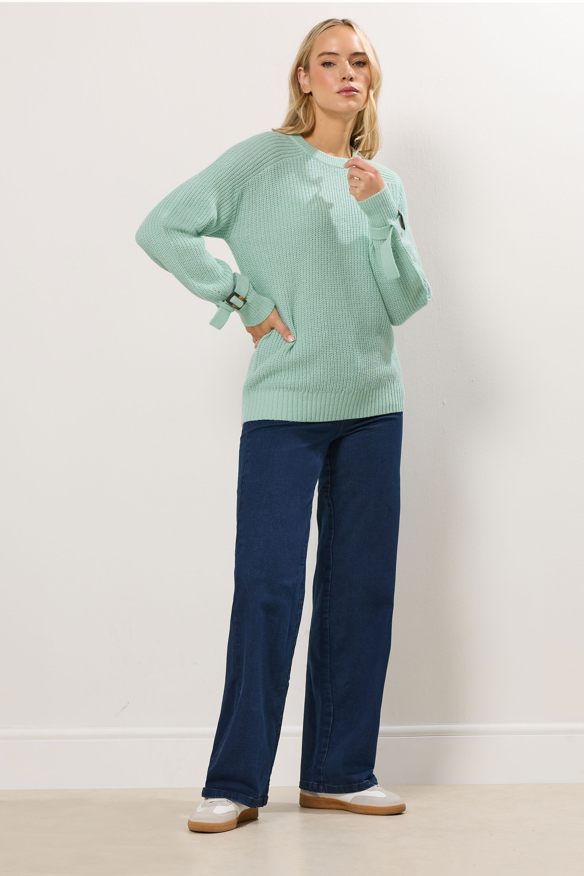 LTS Tall Green Knitted Buckle Sleeve Jumper | Long Tall Sally 1