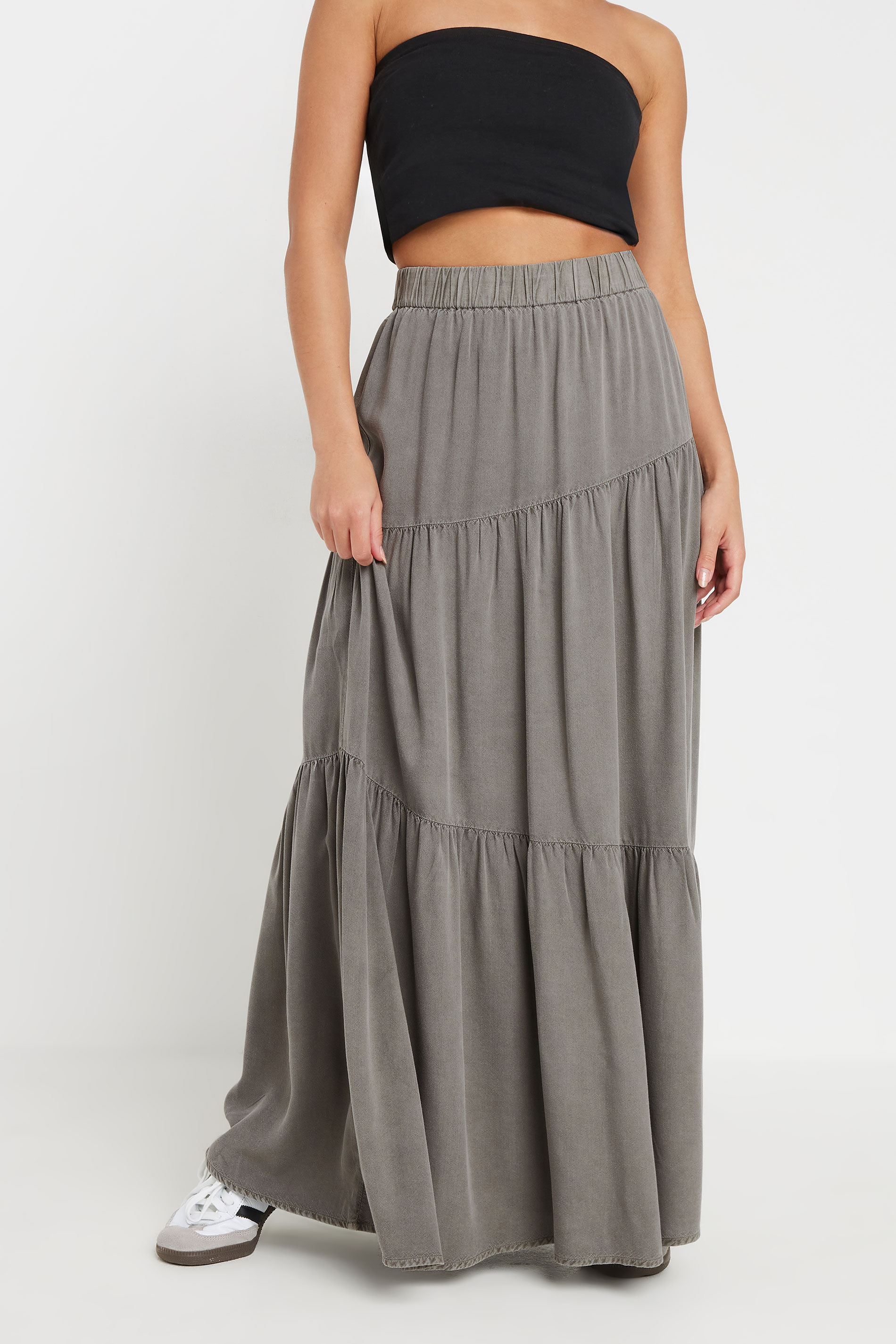 PixieGirl Petite Women's Charcoal Grey Asymmetric Tiered Maxi Skirt | PixieGirl 2