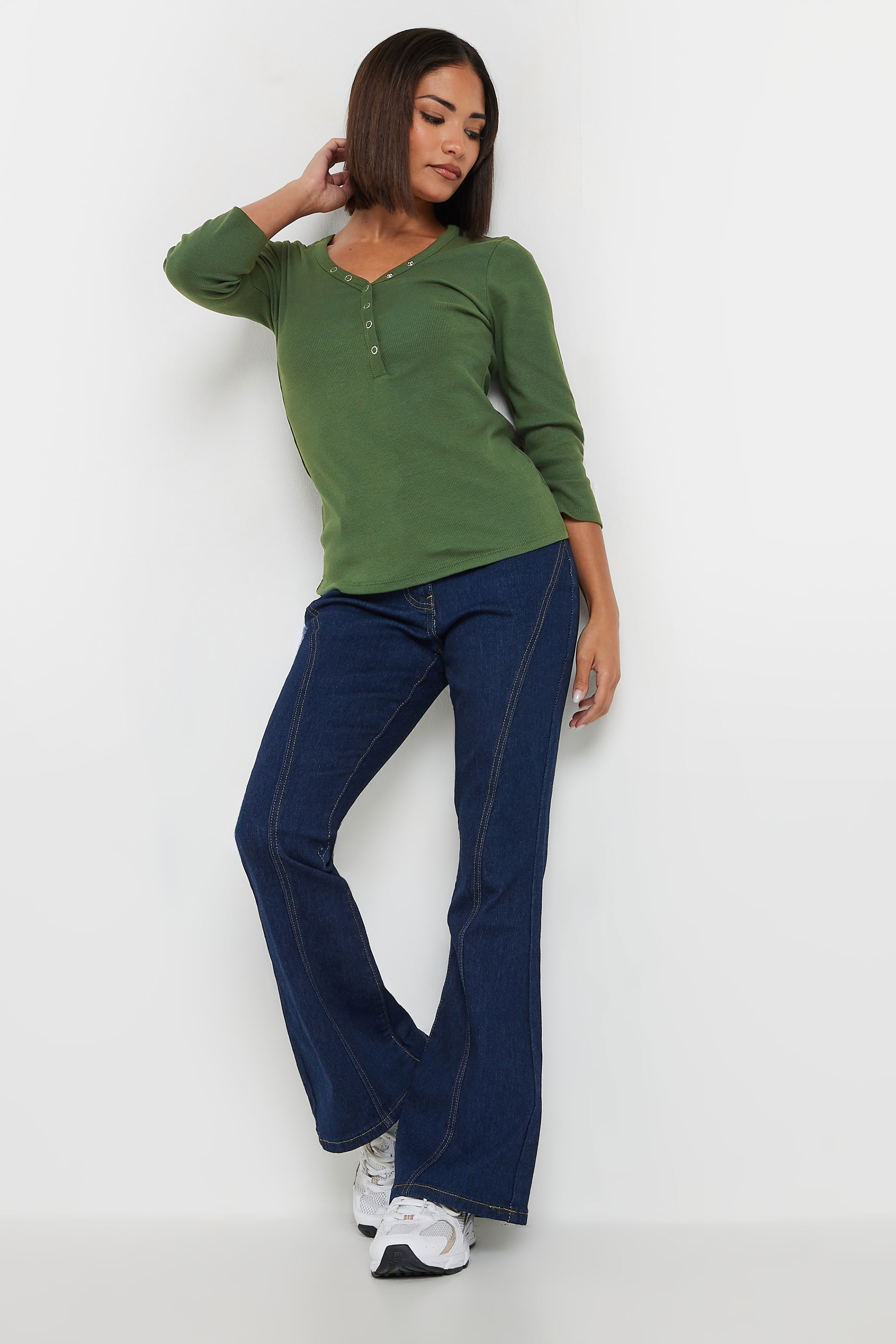 PixieGirl Petite Women's Khaki Green Button Henley Top | PixieGirl 1