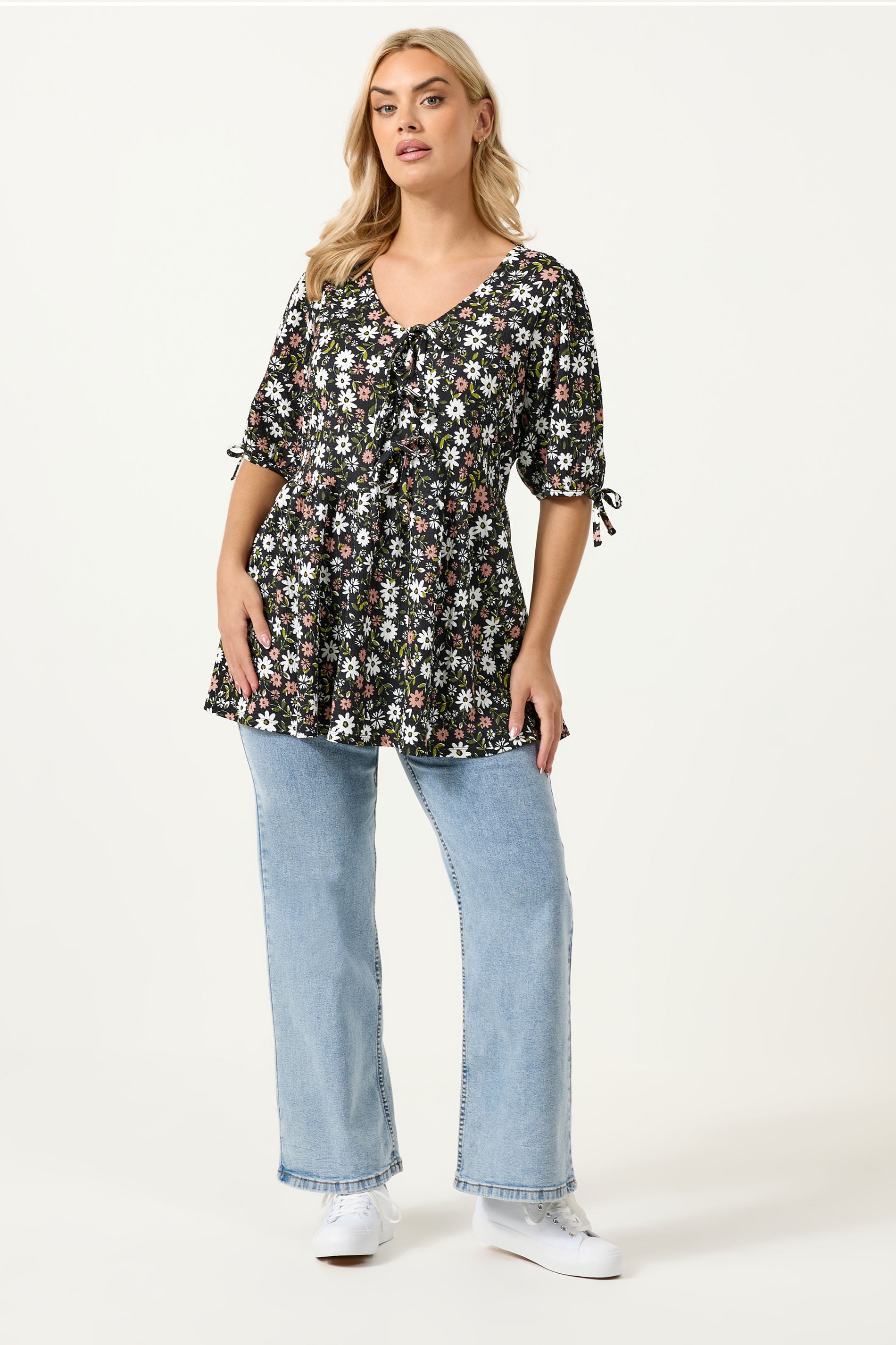 YOURS Plus Size Black Floral Bow Front Peplum Top | Yours Clothing 1