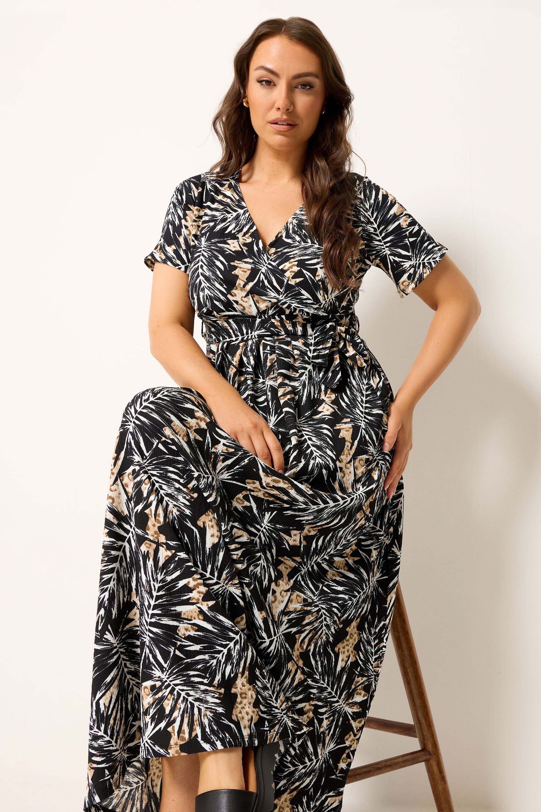 YOURS Plus Size Black Leaf Print Wrap Front Maxi Dress | Yours Clothing 1