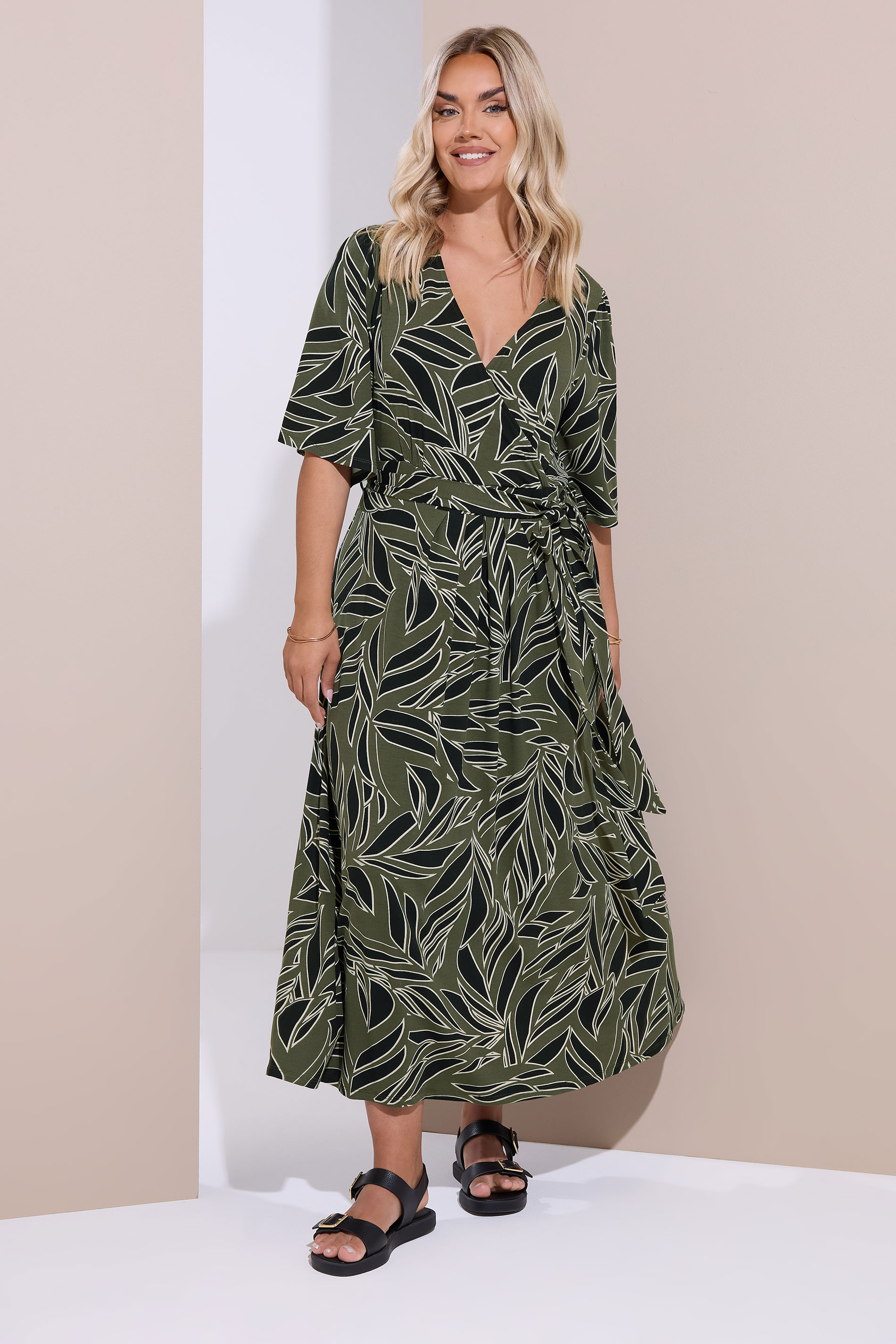YOURS Plus Size Khaki Green Leaf Wrap Maxi Dress | Yours Clothing 3
