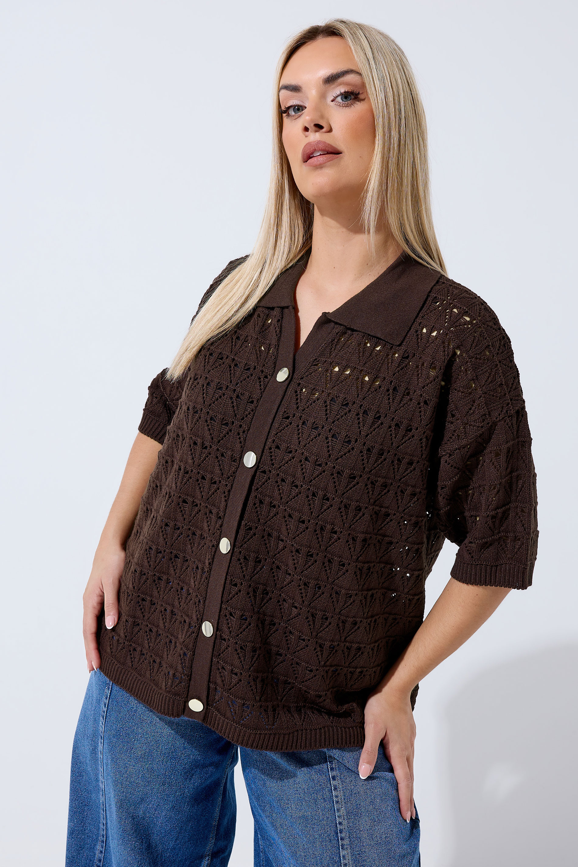 LIMITED COLLECTION Plus Size Chocolate Brown Crochet Shirt | Yours Clothing 1