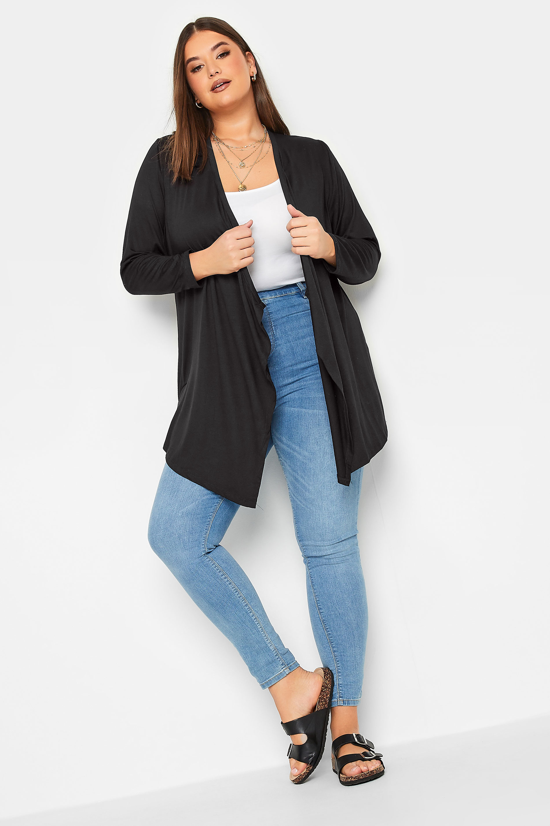YOURS Plus Size Black Edge To Edge Waterfall Jersey Cardigan | Yours Clothing 2