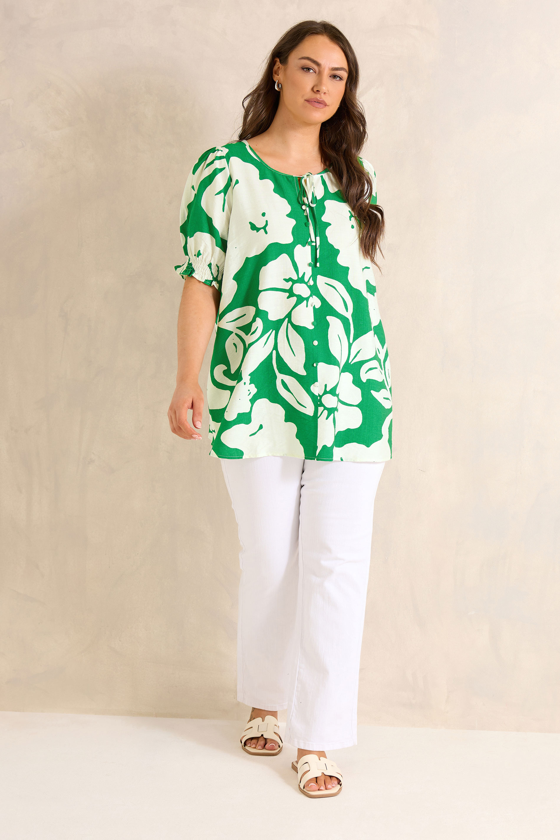EVANS Plus Size Green Floral Tie Neck Top | Evans 1
