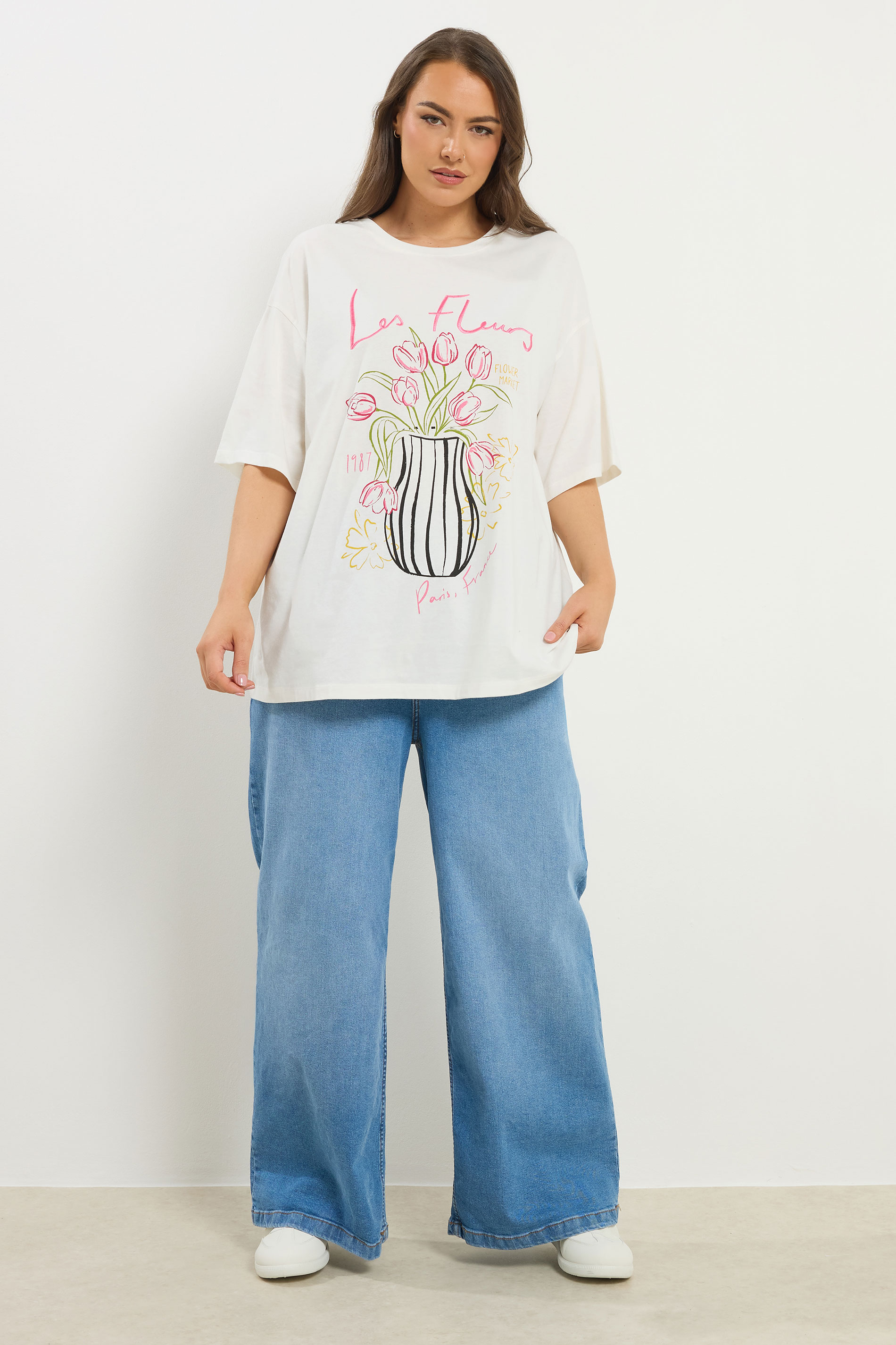YOURS Plus Size Ivory White 'Les Fleurs' Embroidered Relaxed T-Shirt | Yours Clothing 1
