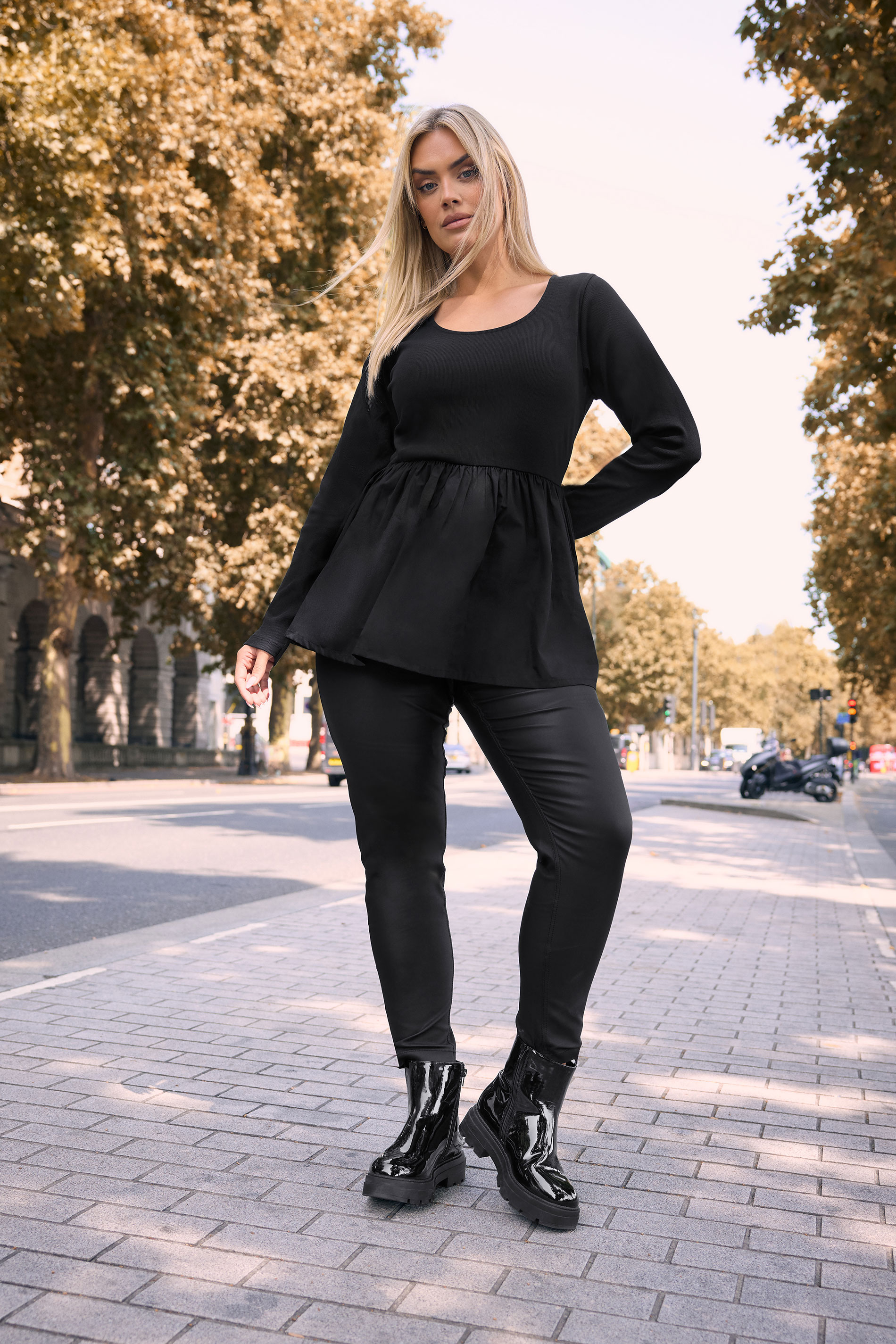 YOURS Plus Size Black Mixed Rib Peplum Top | Yours Clothing 1