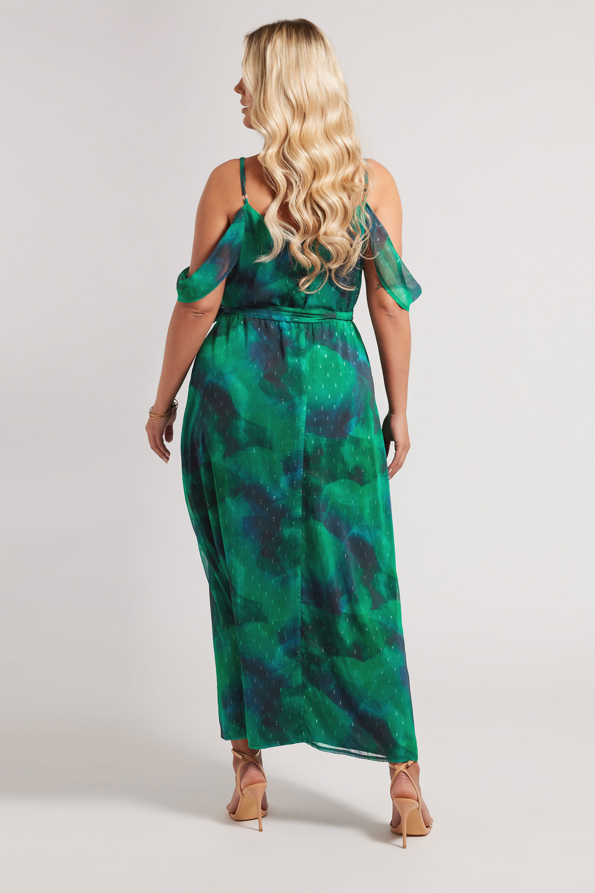 YOURS LONDON Plus Size Green Abstract Metallic Cold Shoulder Dress | Yours Clothing 5