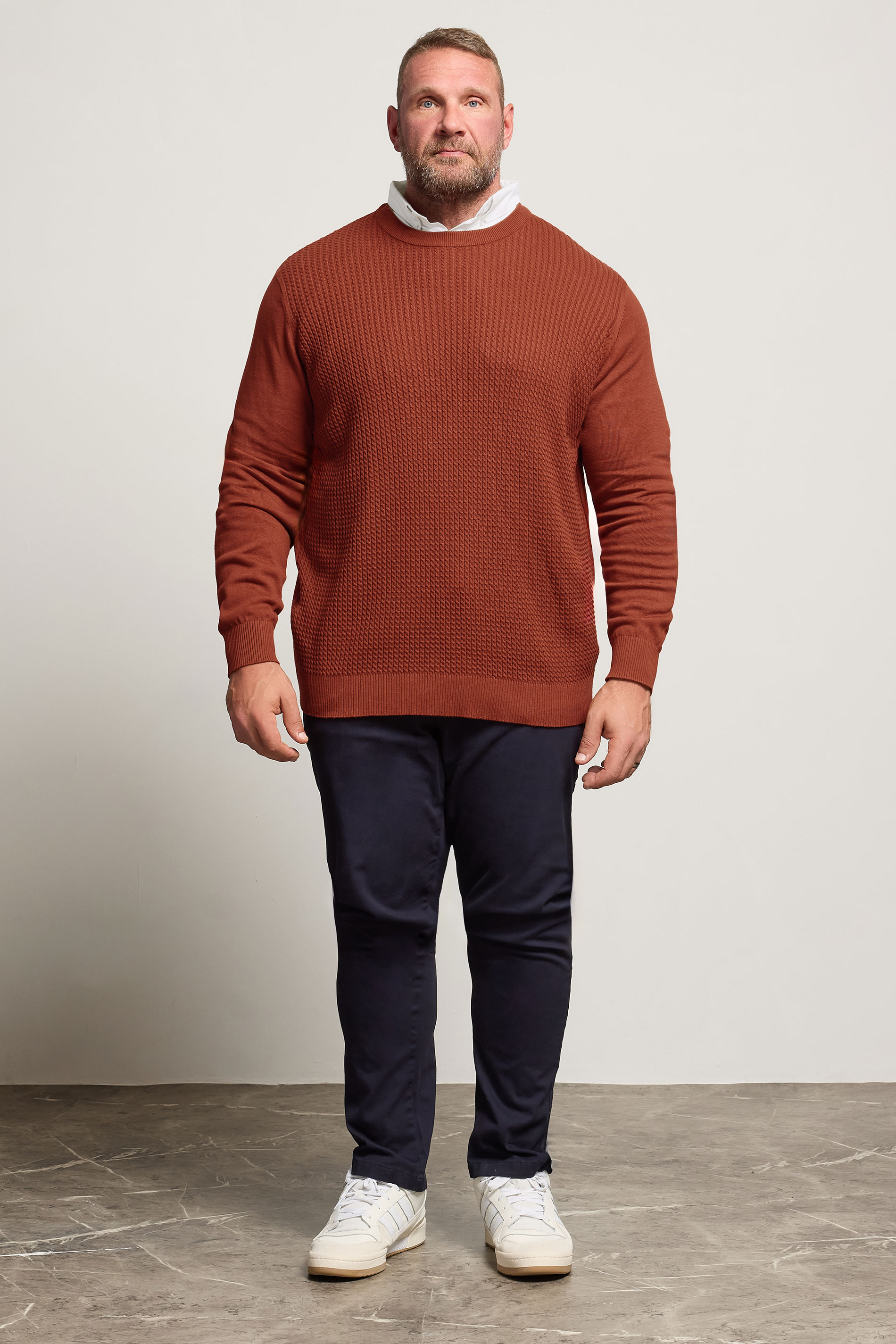BadRhino Big & Tall Burnt Red Cable Knit Mock Shirt Jumper  1