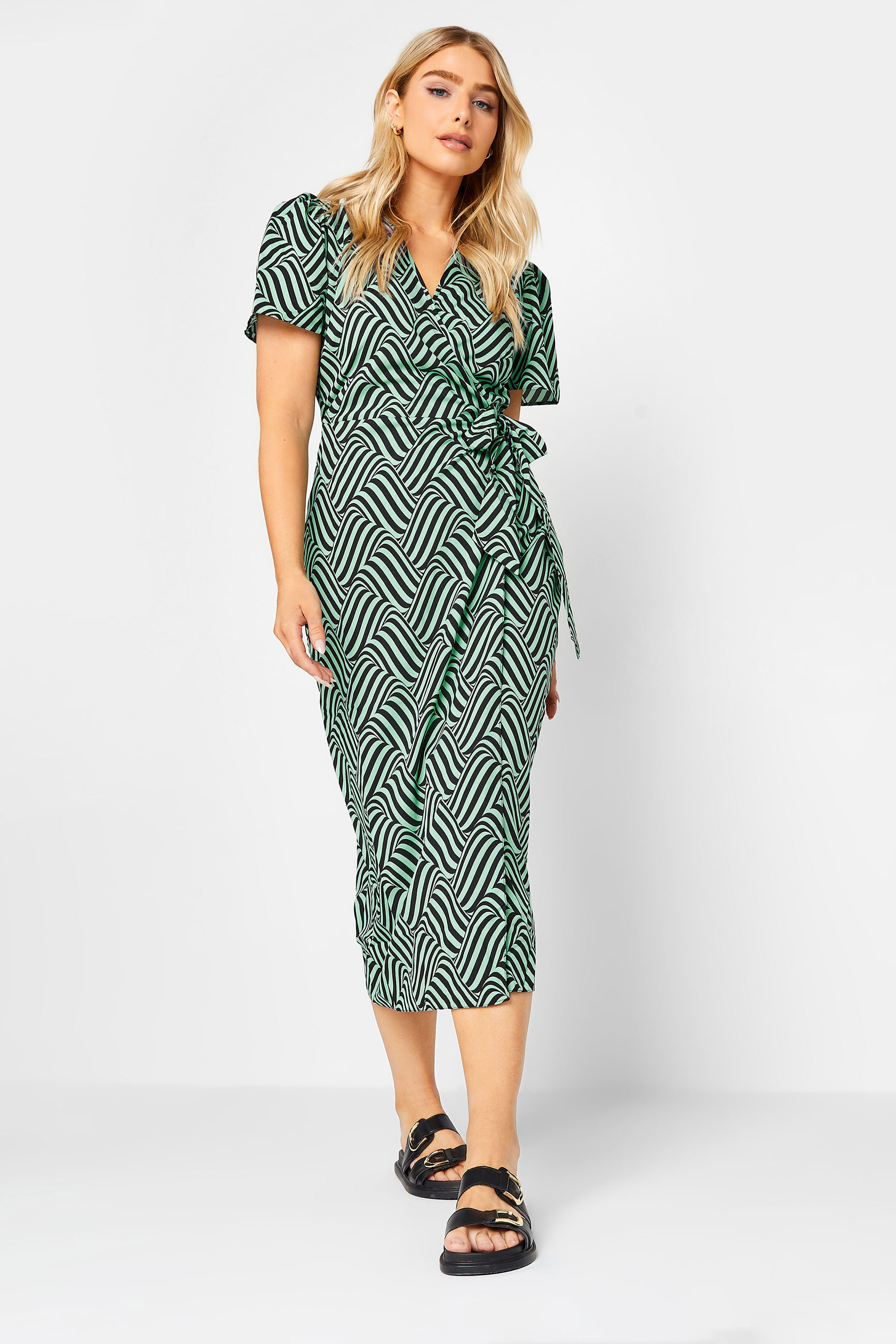 M&Co Green Abstract Stripe Wrap Dress | M&Co 2