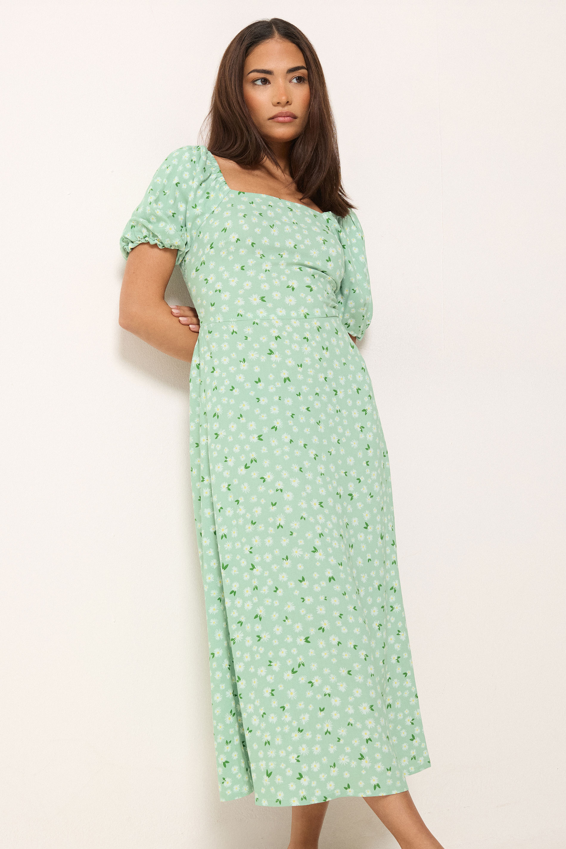 PixieGirl Petite Women's Light Green Daisy Puff Sleeve Midi Dress | PixieGirl 1
