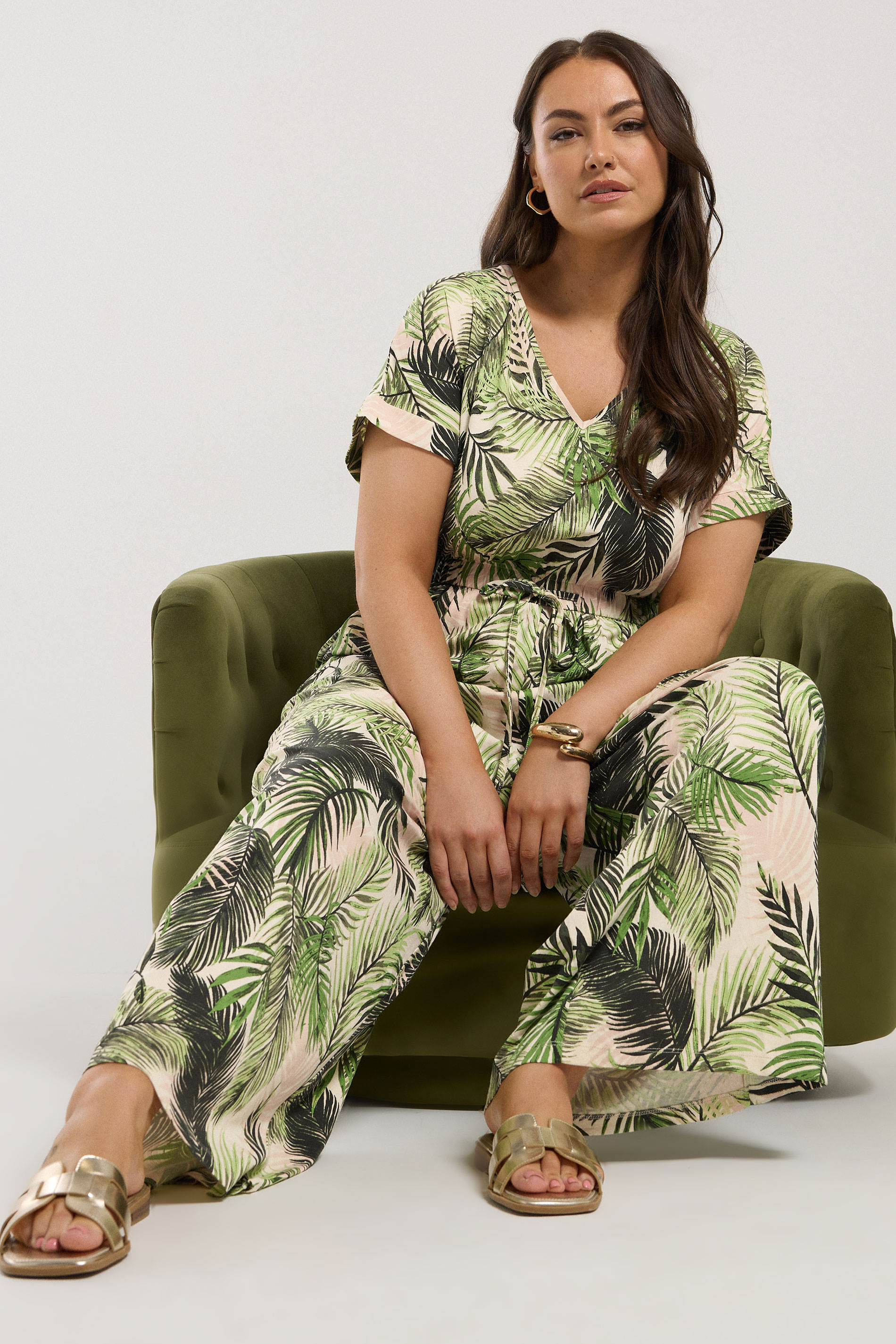 YOURS Plus Size White Palm Print Tie Front Jumpsuit | Yours Clothing 2