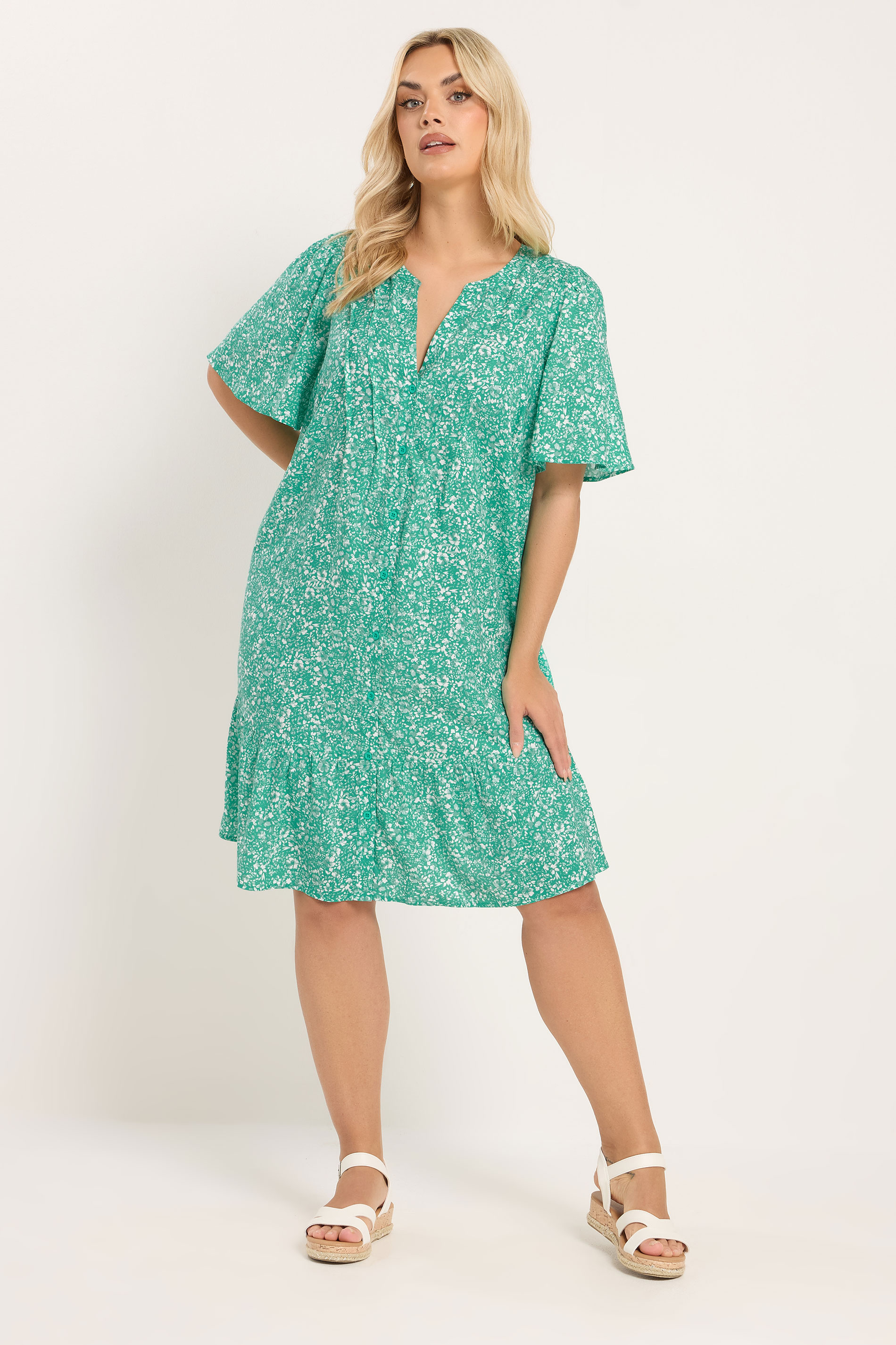 YOURS Plus Size Green Ditsy Floral Smock Dress | Yours Clothing 1