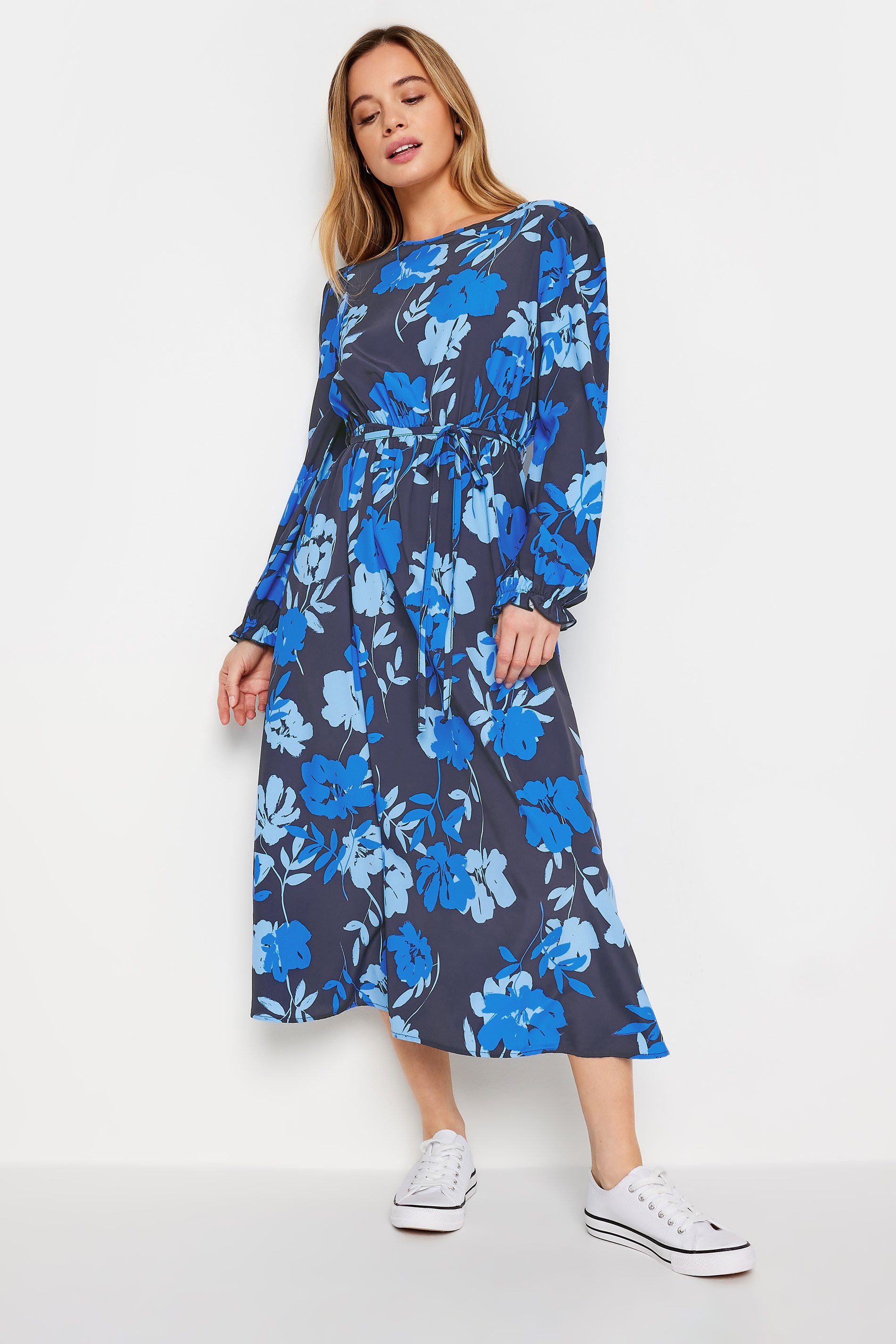 M&Co Petite Blue Floral Tie Waist Midi Smock Dress | M&Co 1