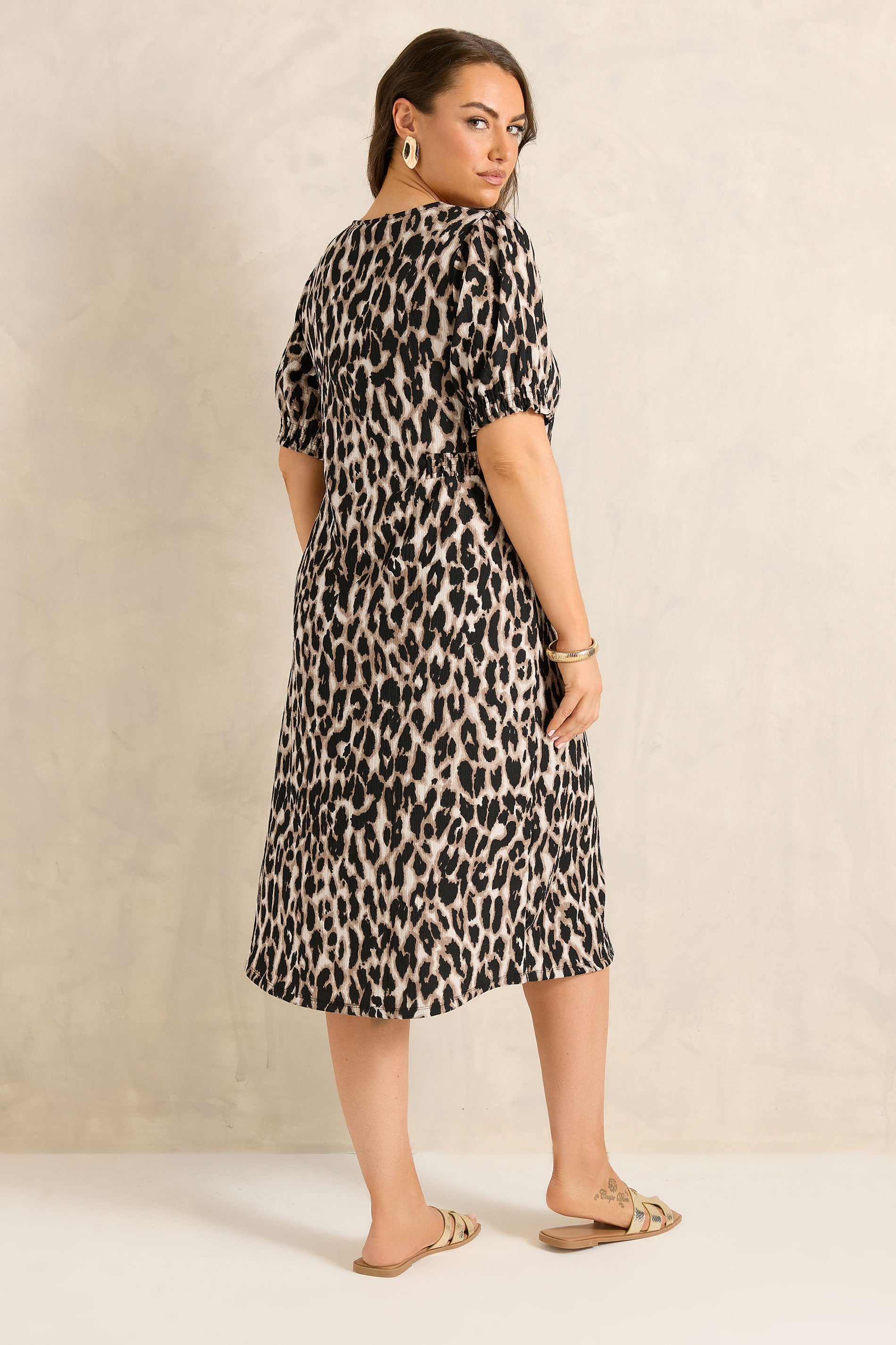 EVANS Plus Size Brown Button Through Animal Print Midi Dress | Evans 2