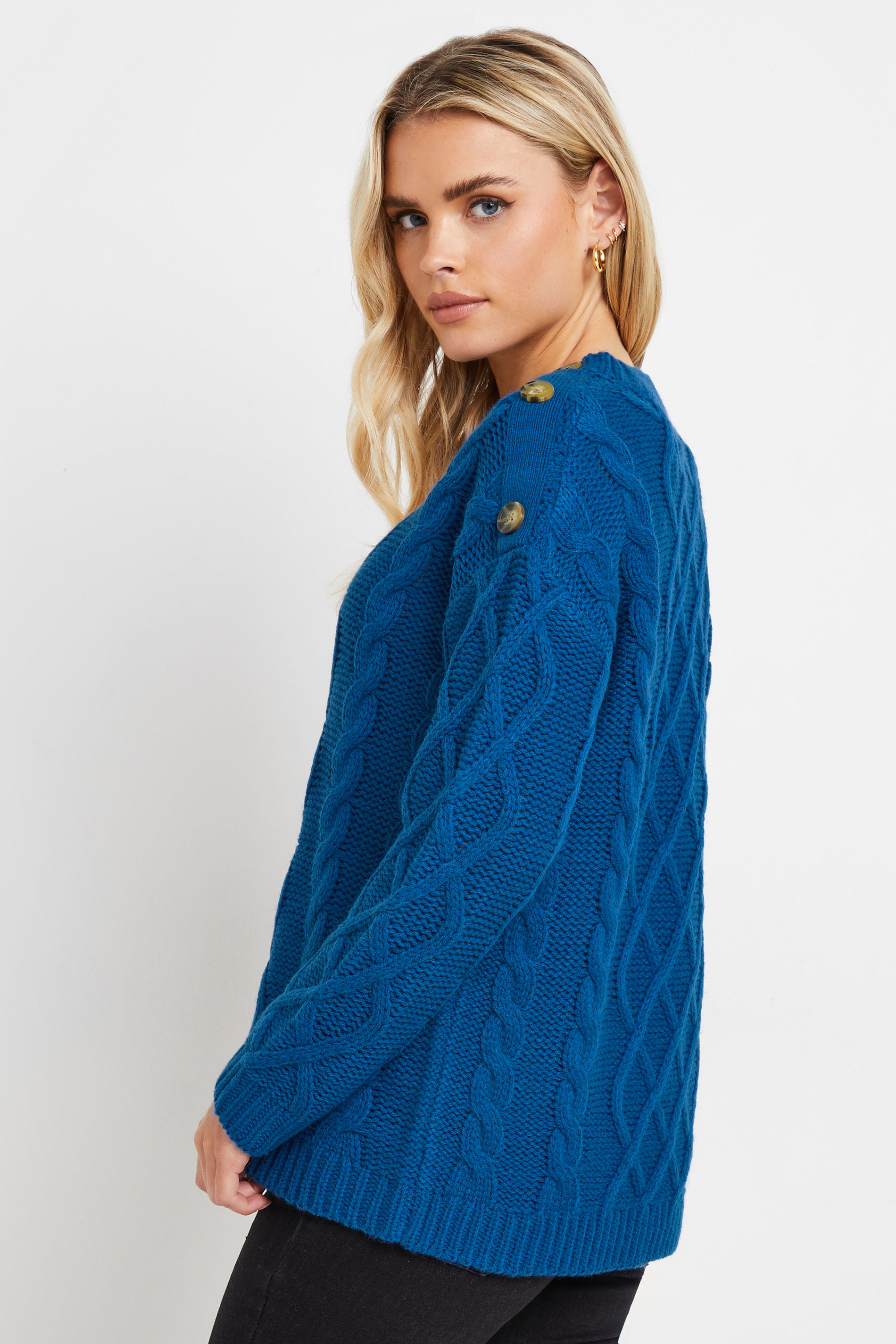 PixieGirl Petite Women's Royal Blue Cable Knit Button Jumper | PixieGirl 2