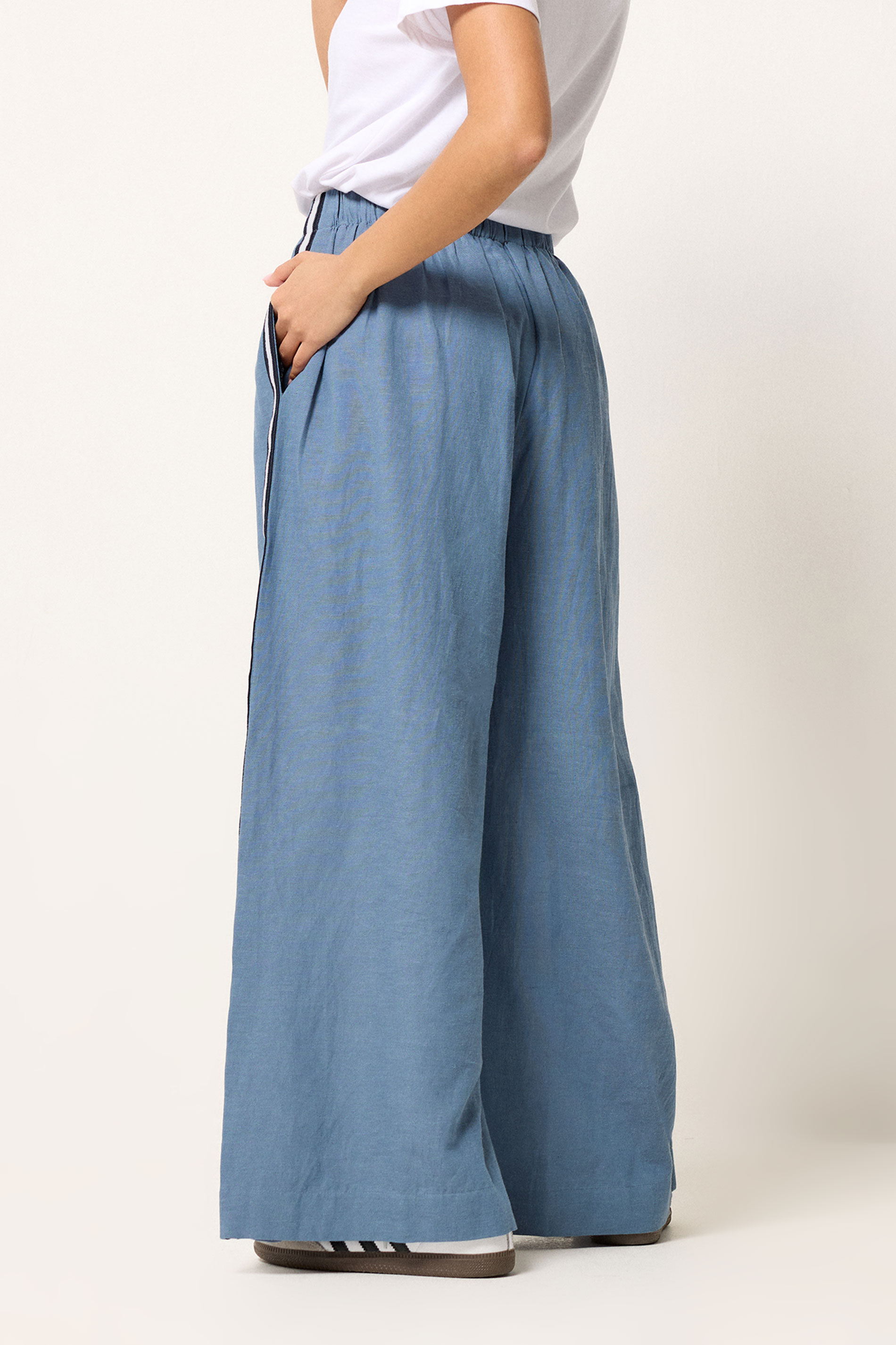 PxieGirl Petite Women's Blue Side Stripe Linen Wide Leg Trousers | PixieGirl 2