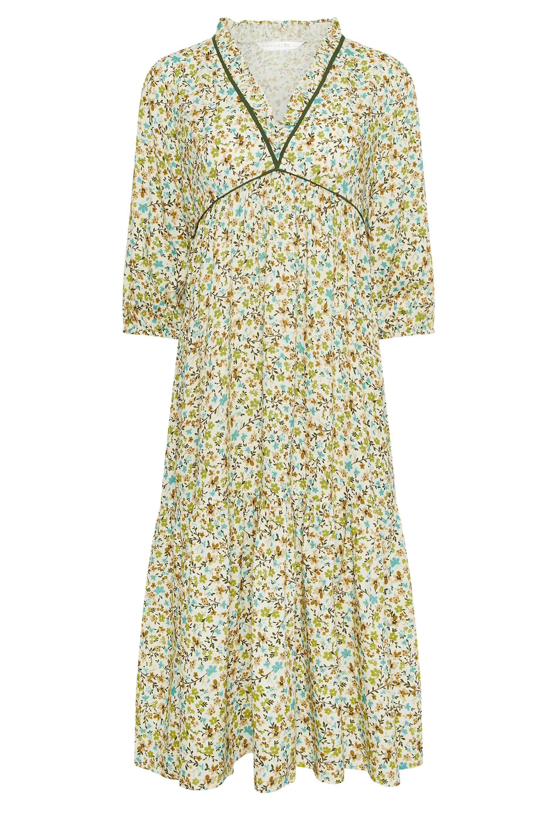 PixieGirl Petite Women's Green Floral Frill Midaxi Dress | PixieGirl 5