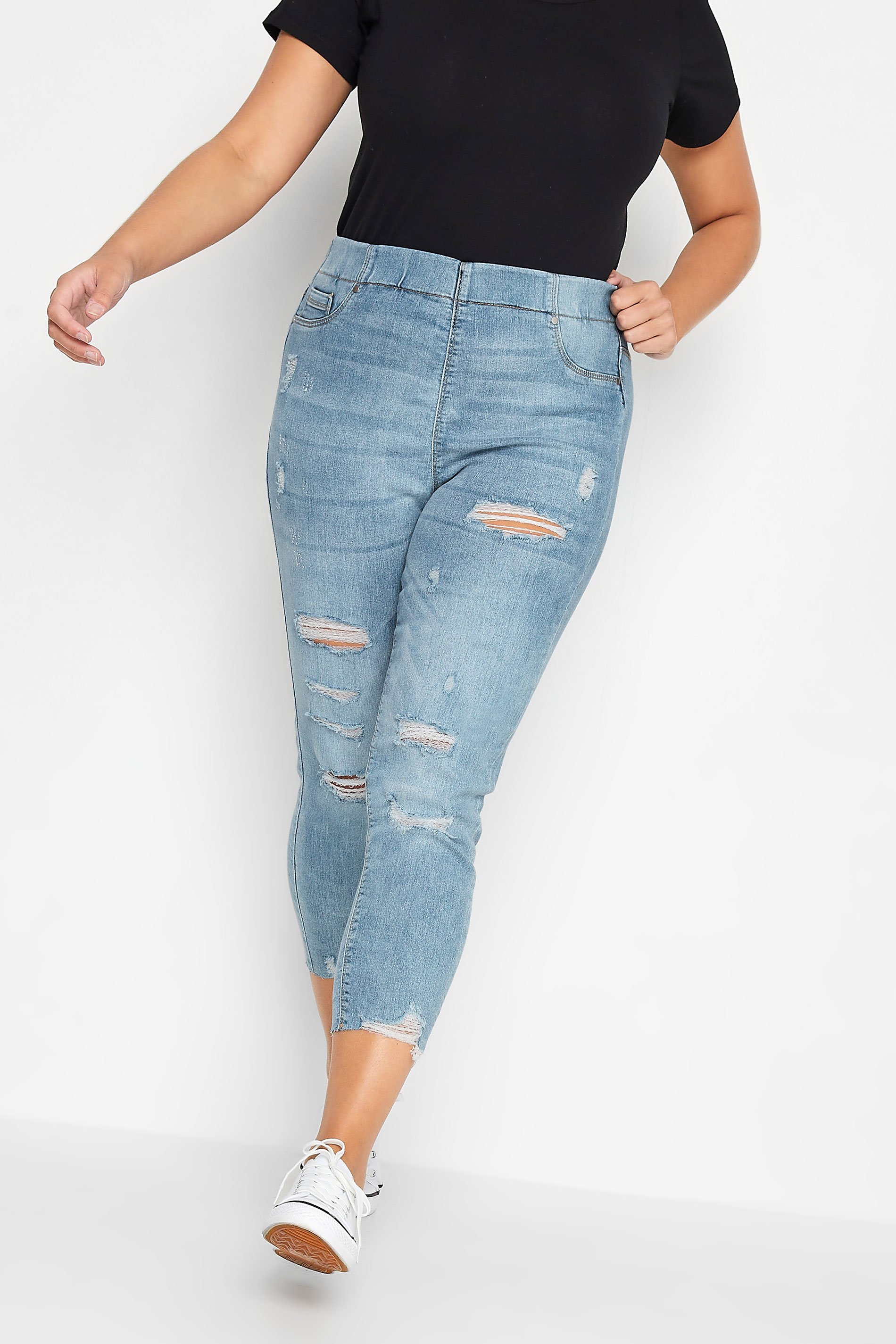 YOURS Plus Size Light Blue Ripped Stretch Cropped JENNY Jeggings | Yours Clothing 1