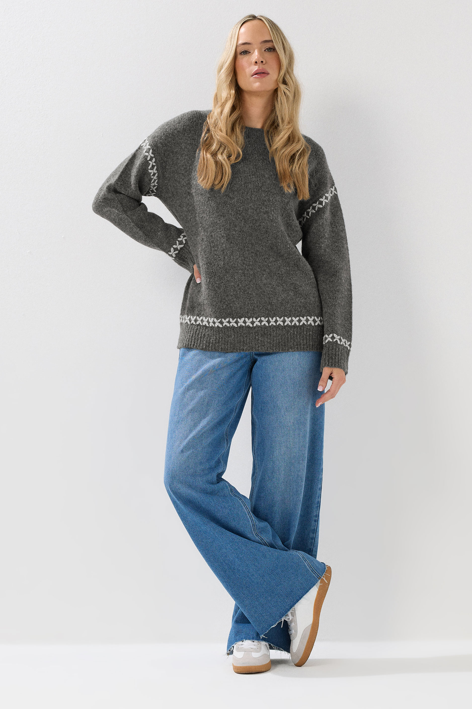 LTS Tall Grey Knitted Cross Stitch Jumper | Long Tall Sally 1