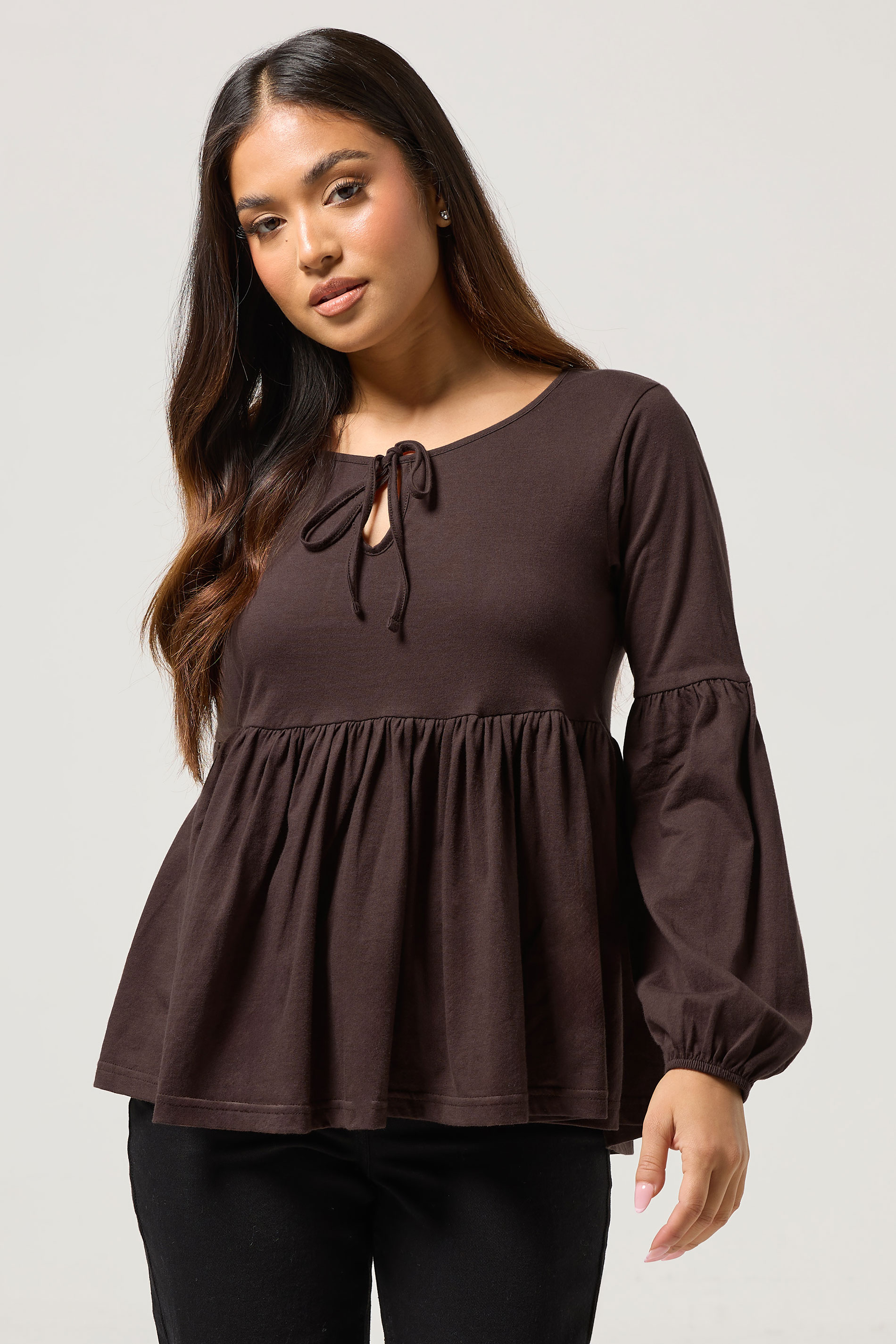 PixieGirl Petite Women's Chocolate Brown Tie Front Cotton Smock Top | PixieGirl 3